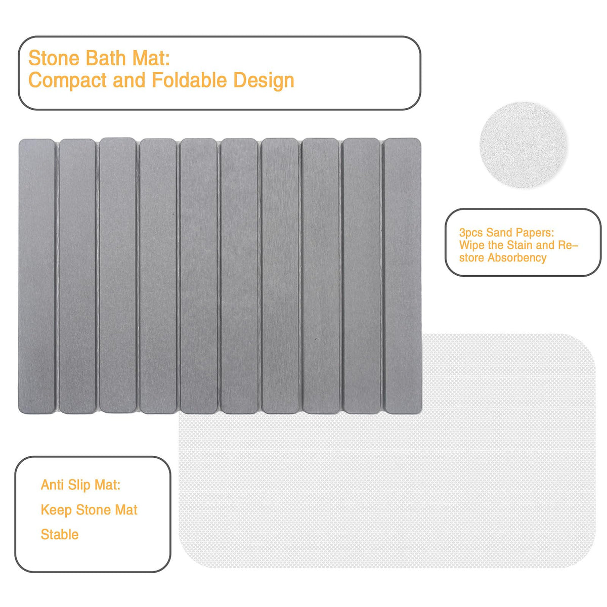Stone Bath Mat for Bathroom, Stone Pet Feeding Mat, Dish Drying Mat for Kitchen, Diatomaceous Earth Bath Non Slip Drying Bathmat for Shower Floor, Bathroom Tub