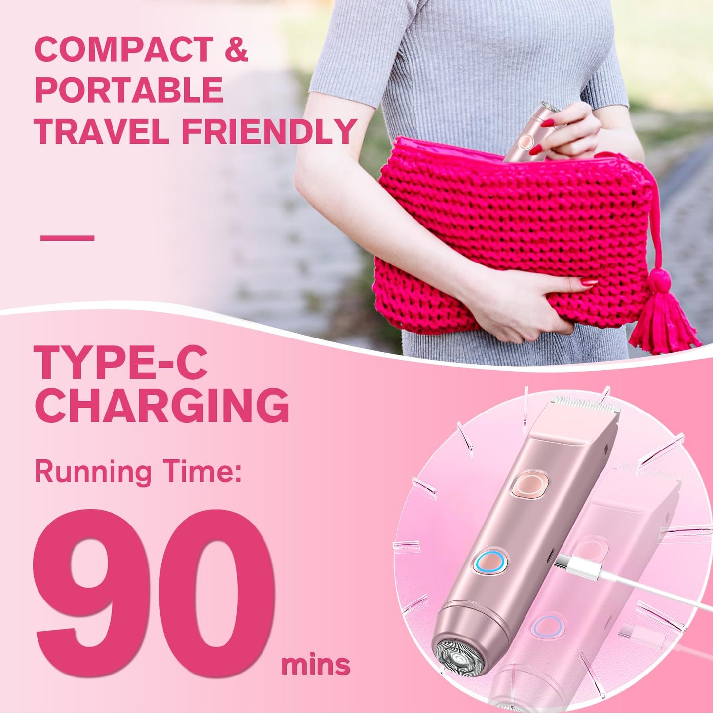 Bikini Trimmer for Women, Cordless Electric Shaver Razors with Ceramic Blade Heads, Rechargeable Pubic Hair Trimmer with IPX7 Waterproof for Underarm Leg Face Arm Pubic Area, Wet/Dry Use(Rose Gold)