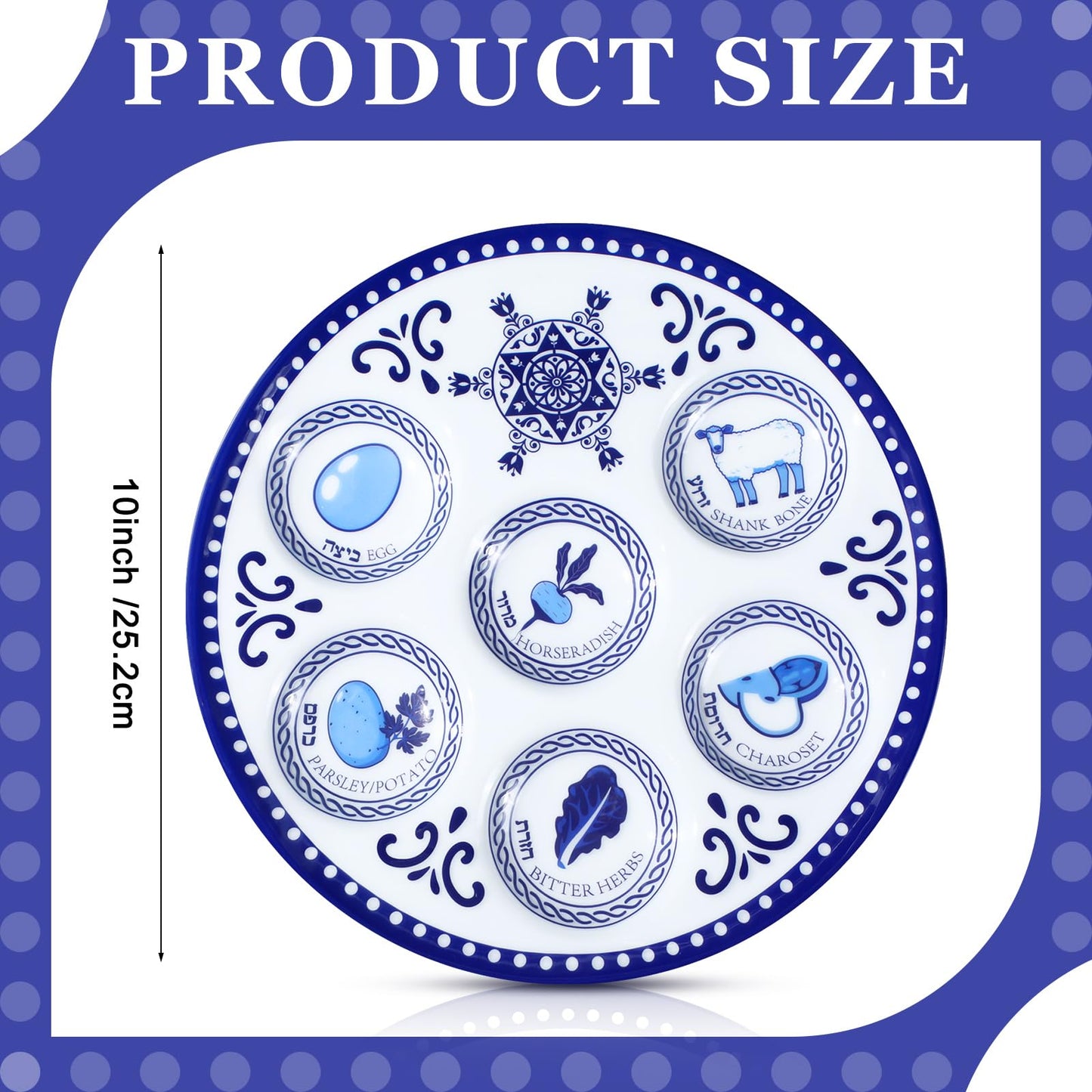 Jingmore 6 Pack Passover Decorations Seder Plates Plastic Pesach Plate Passover Seder Dish for Pesach Feast Party Favors 10 Inch (Blue Renaissance)