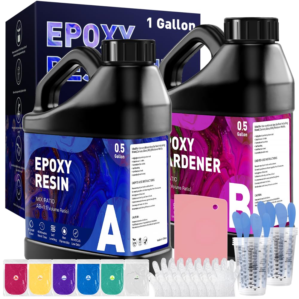 GRLELOU Epoxy Resin Kit 1 Gallon - No Yellowing & Less Bubble 2 Part Epoxy Resin for Beginners, 1:1 Ratio Art Resin for Wood Casting, Jewelry Making, Art Crafting & Countertop Coating (0.5Gal×2)