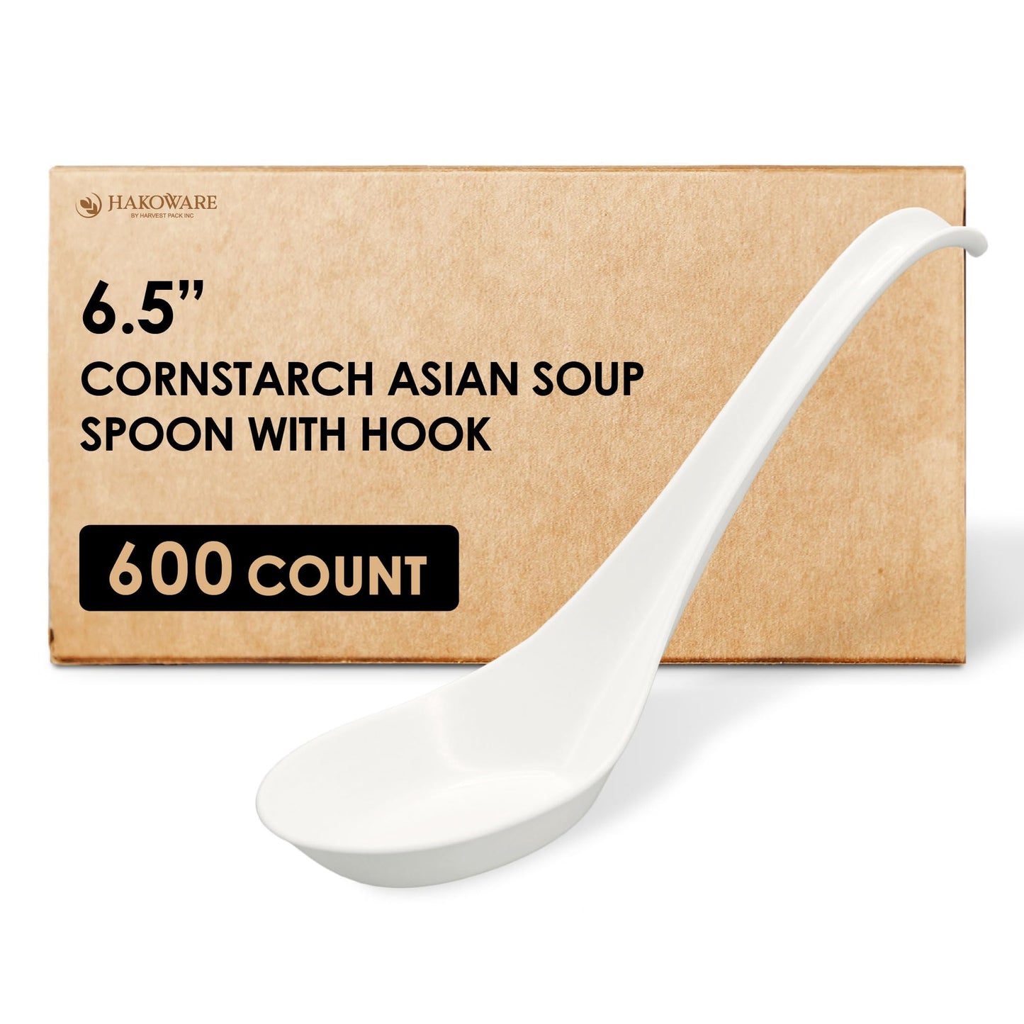 [600 Count] HAKOWARE Disposable Asian Soup Spoons with Hook, Plastic-Free Heavy Duty Spoons, Made from Crystalized Cornstarch, for Take-Out Ramen Pho Noodles