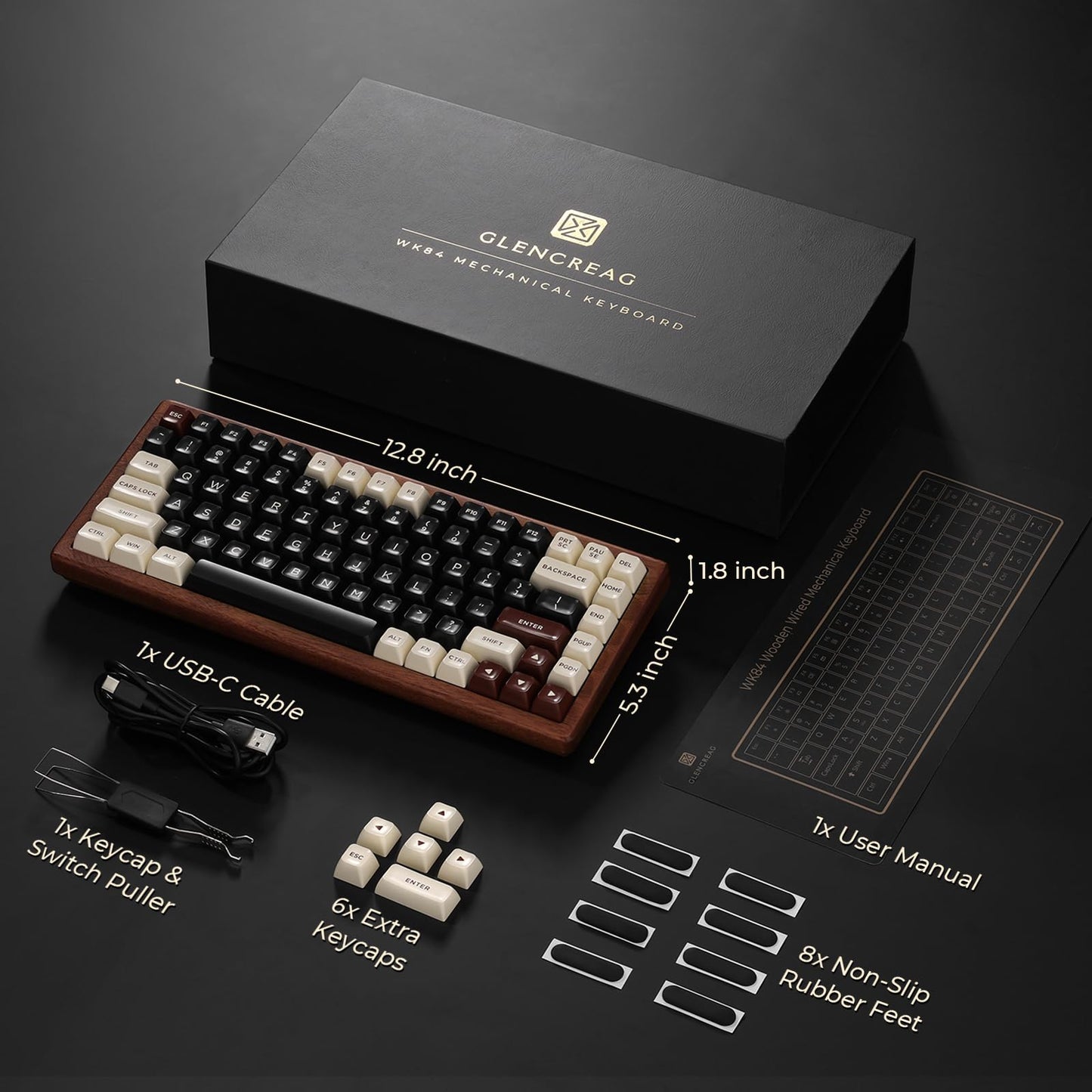 GLENCREAG WK84 USB-C Wired Wooden Mechanical Keyboard, 75% Layout 84 Keys, Gasket Mount, RGB Backlit, Hot-Swappable Green Switches, QMK/VIA Programmable, for Gaming & Typing