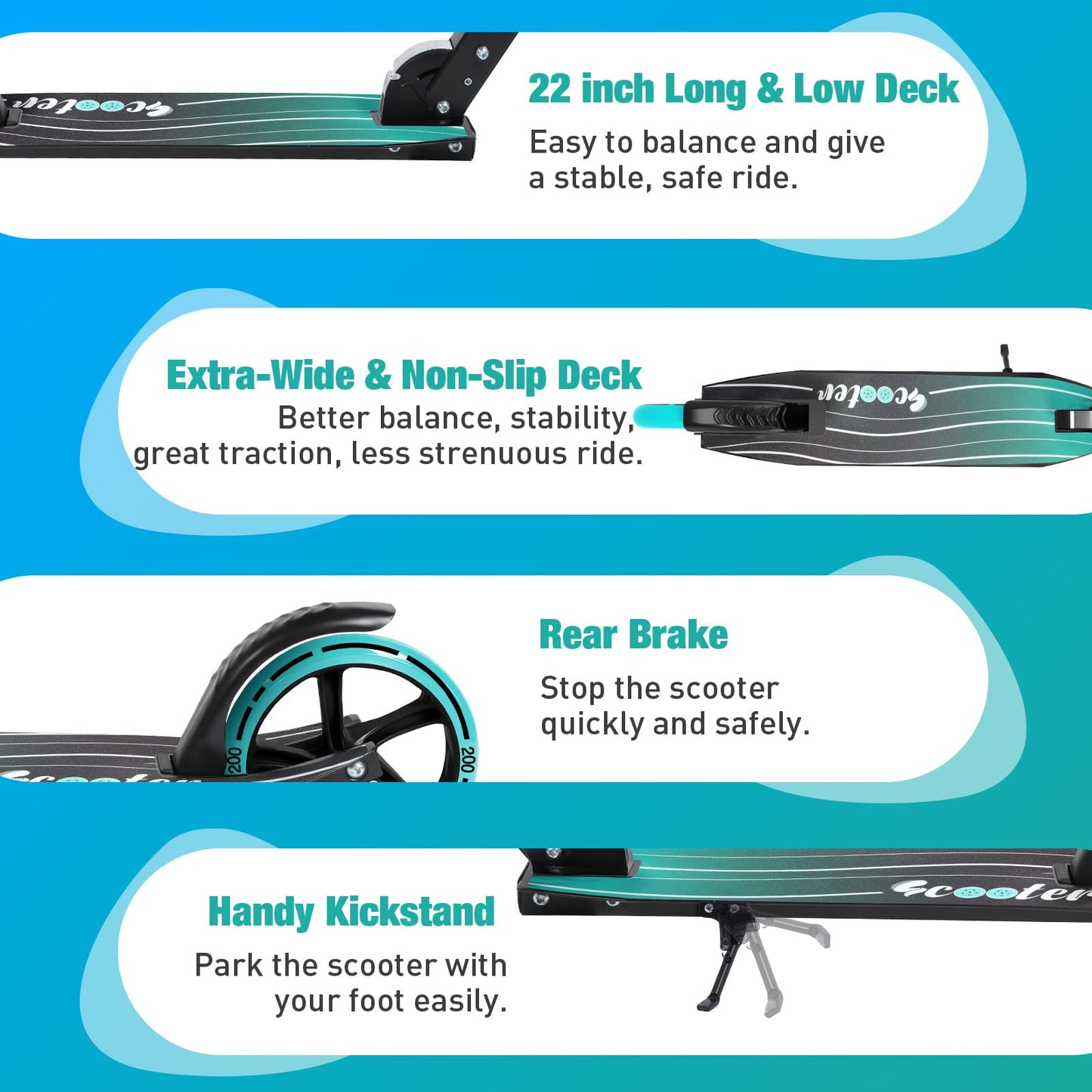BELEEV V5 Scooters for Kids, Adults, Teens, Quick-Release Foldable System, Front Suspension System, 200mm Big Wheels Scooter with 4 Adjustable Height, Kick Scooter with Carry Strap, Teal