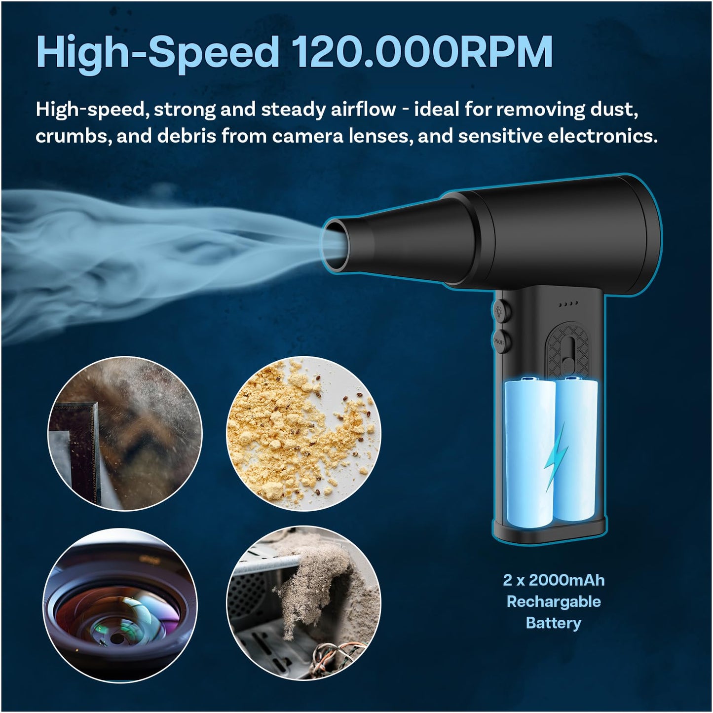 Electric Air Duster by MMOBIEL - Compressed Air, 7.4V, 4000mAh, 120.000RPM, USB-C - for Keyboard, PC, Laptop, Electronics – Rechargeable Battery, Cordless, Reusable, Cleaner, Gift/Gadgets for Men