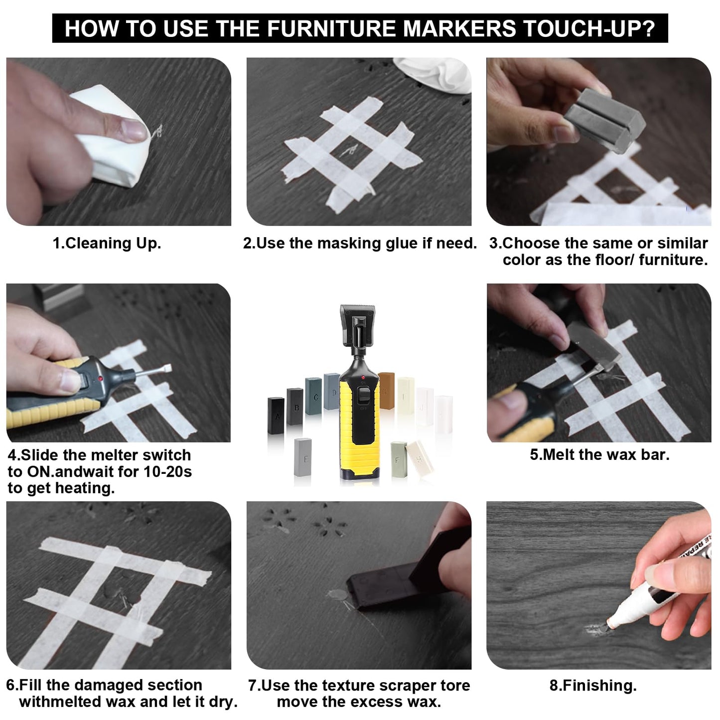 Hardwood Floor Repair Kit -11PCS Laminate Vinyl Floor Wax with 8PCS Wood Furniture Touch Up Marker,Professional Restoration The Scratches, Stains,Holes on Any Wood Floor and Wooden Furniture