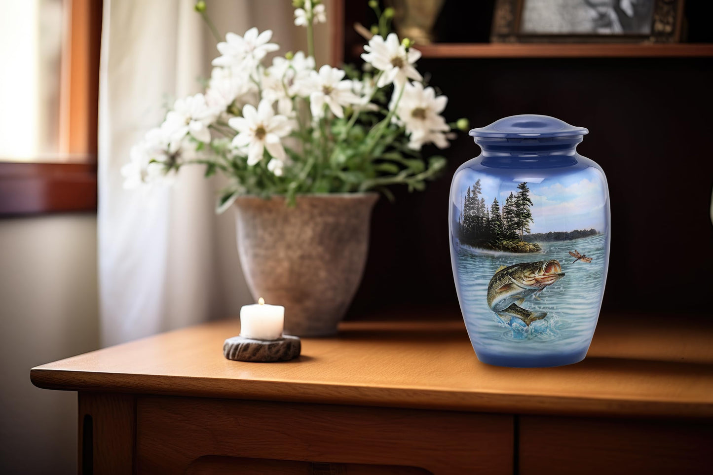 Bass Fishing Urn - Bass Fish Cremation Urn for Ashes - Adult Fishing Urn - Handcrafted Adult Bass Fish Funeral Urn - Fishing Memorial Urn with Velvet Bag (Large)