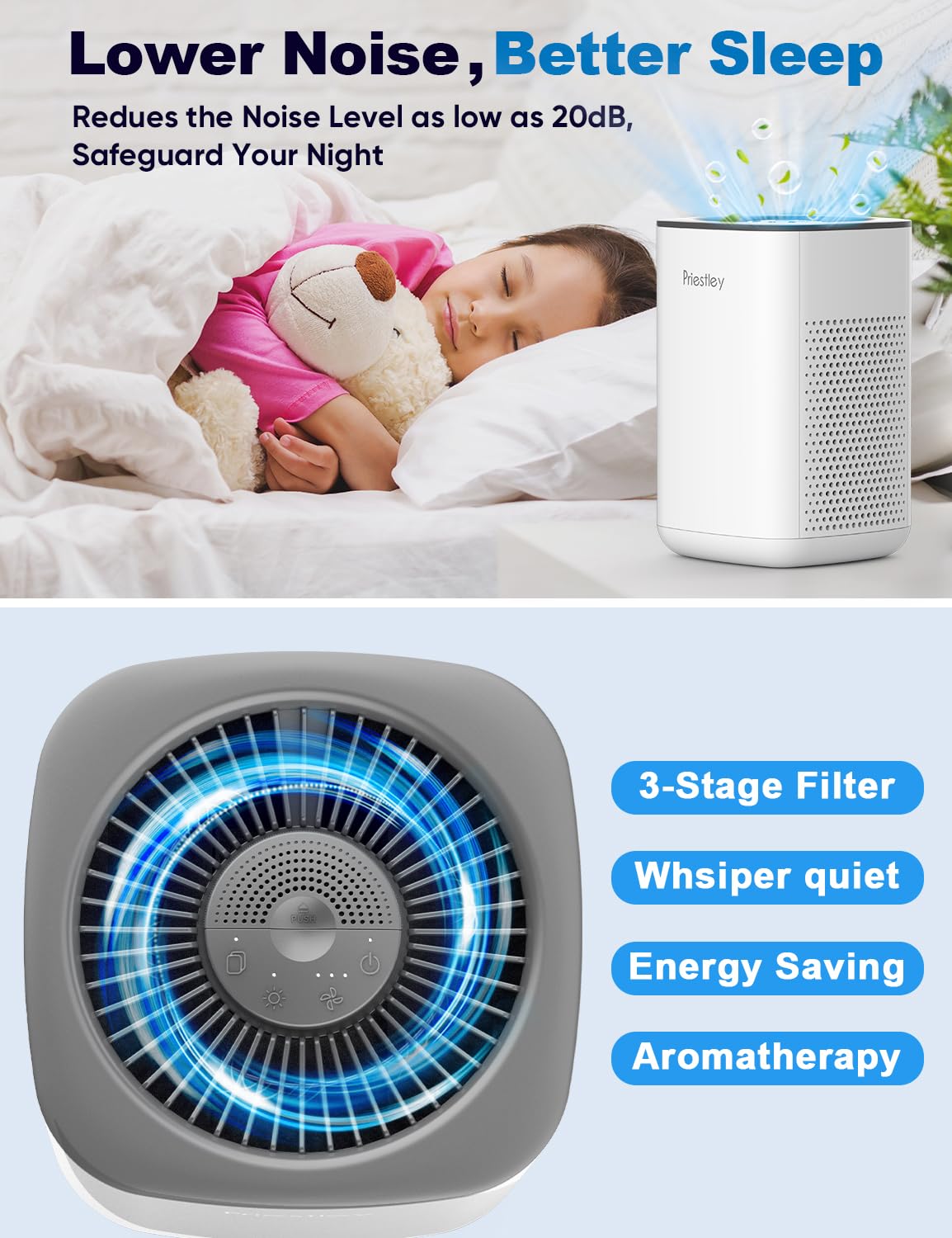 Priestley Small Air Purifiers for Bedroom Office Desktop, 20dB Quiet 3-in-1 HEPA Air Purifier with Essential Oil Diffuser, Filters Smoke, Allergies, Pet Dander, Odor, Dust - P066