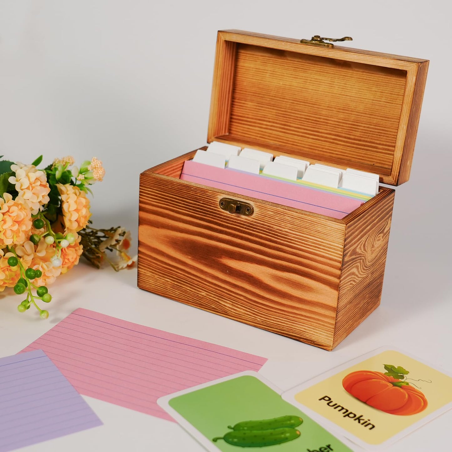 MOBYKE Index Card Holder 4x6, wooden Origanizer Recipe Box with 100 PCS Flash cards, 30 White Dividers, 1 Blank Sticker and 1 Letter Sticker, Flashcard Notecard Holders for Home Office