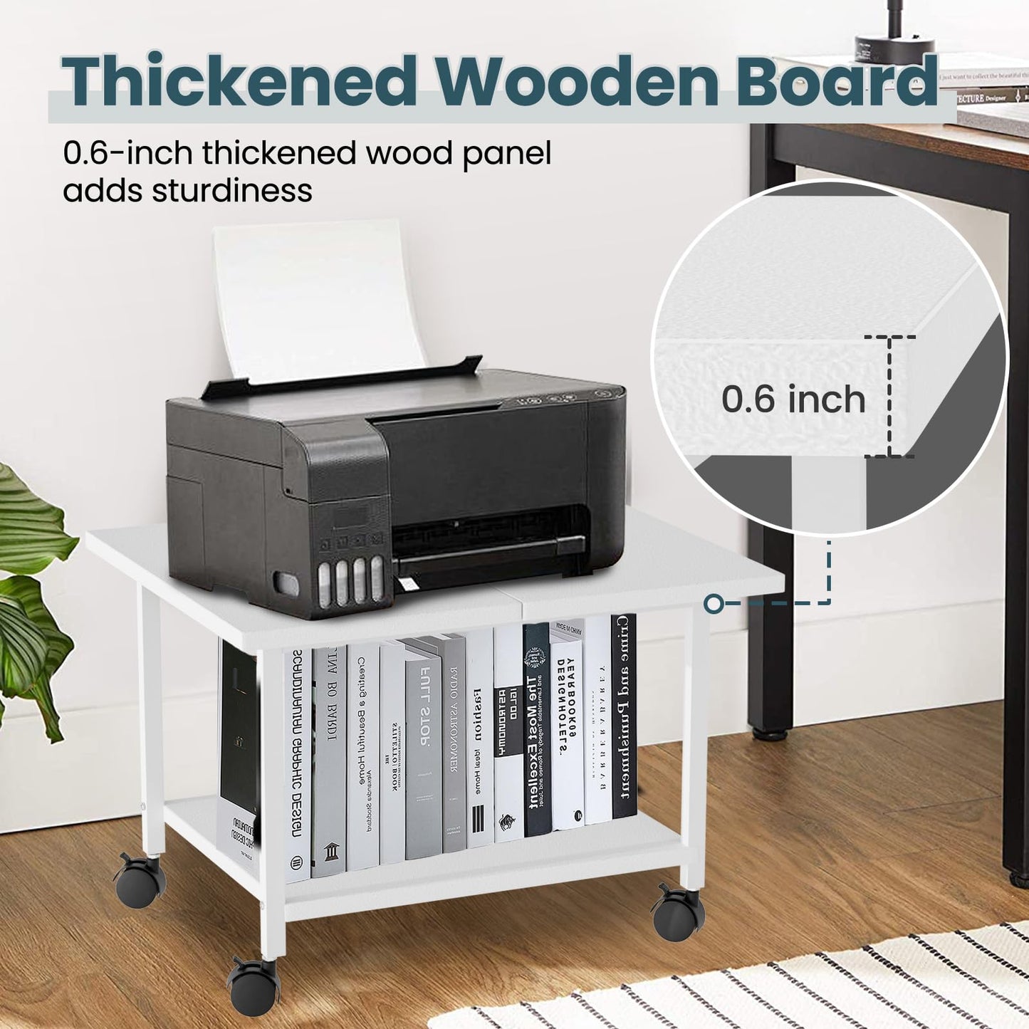 Printer Stand with Storage Under Desk Shelf, Desktop Printer Stand Organizer, Rolling Printer Cart Storage Paper Files Holder for Desk, Office, Home (White)