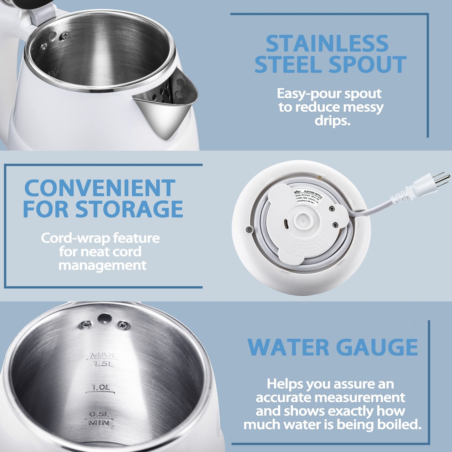 Bear Electric Kettle, 1.5L Rapid-boil Water Boiler, Stainless Steel 304 Inside, 1500W Tea Kettle with Auto Shut Off & Boil Dry Protection, Electric Water Kettle Great for Tea and Coffee