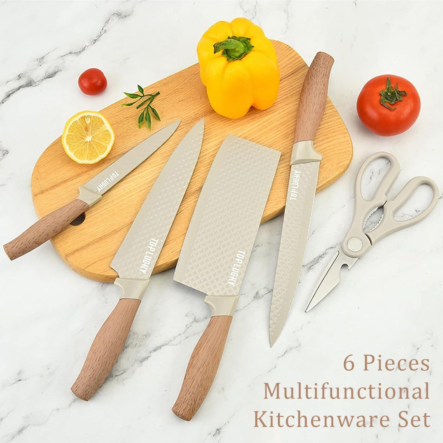 Kitchen Knife Set, 6-Pieces Khaki Sharp Knife Set for Kitchen, Non-Stick Non-Slip Stainless Steel Chef Knife Set with Universal Knife Block Suitable for Home Restaurant (Khaki)