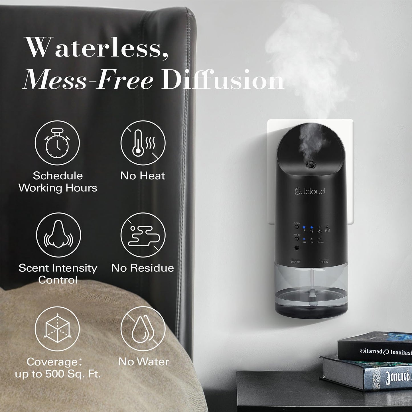 JCLOUD 2025 Plug in Diffuser for Essential Oils, Waterless Scent Diffuser Cover Up to 500 Sq. Ft. for Home, Office, Spa – Portable Smart Wall Diffuser 160ML, Black