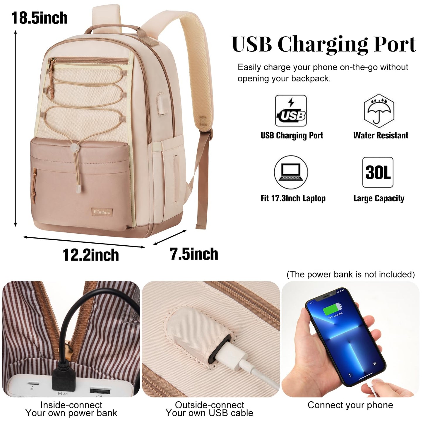 WINDARS School Backpack for Teens Girls, Aesthetic College Backpack Large Bookbag for Women Students Fashion 17.3 Inch Laptop Bag for Work Travel (Khaki Beige)