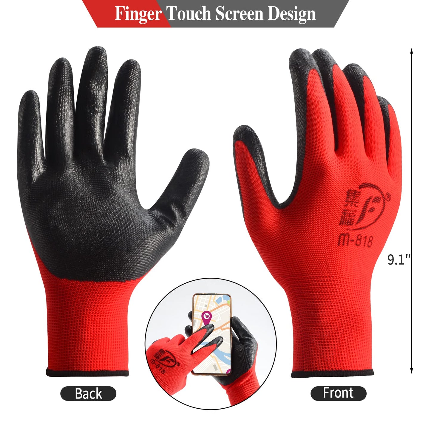 48 Pairs Gardening Gloves for Men Women Rubber Coated Breathable Large Garden Construction Gloves Men Safety Work Gloves, Black & Red