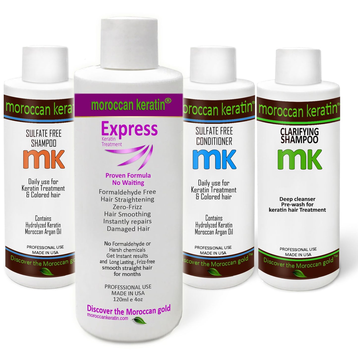 Moroccan Keratin Express Smoothing Straightening Hair Treatment Formaldehyde-Free No-Wait Formula Instant Results 120mlx4 with Clarifying Shampoo, Sulfate-Free Shampoo and Conditioner