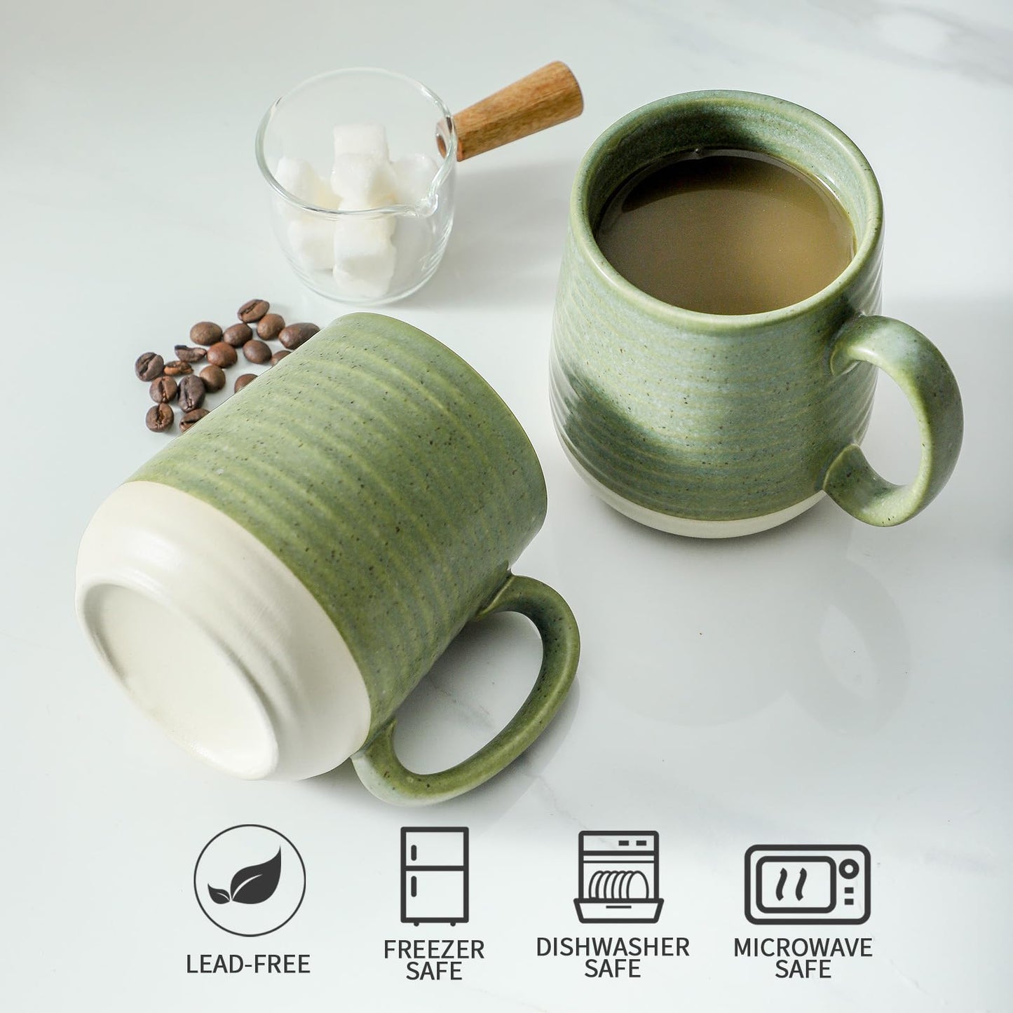 Hasense Stoneware Coffee Mugs Set of 6, 15 Oz Large Coffee Cups with Handle, Tea Mugs for Men and Women, Modern Coffee Mug for Cappuccino, Milk, Cocoa, Microwave & Dishwasher Safe, Green