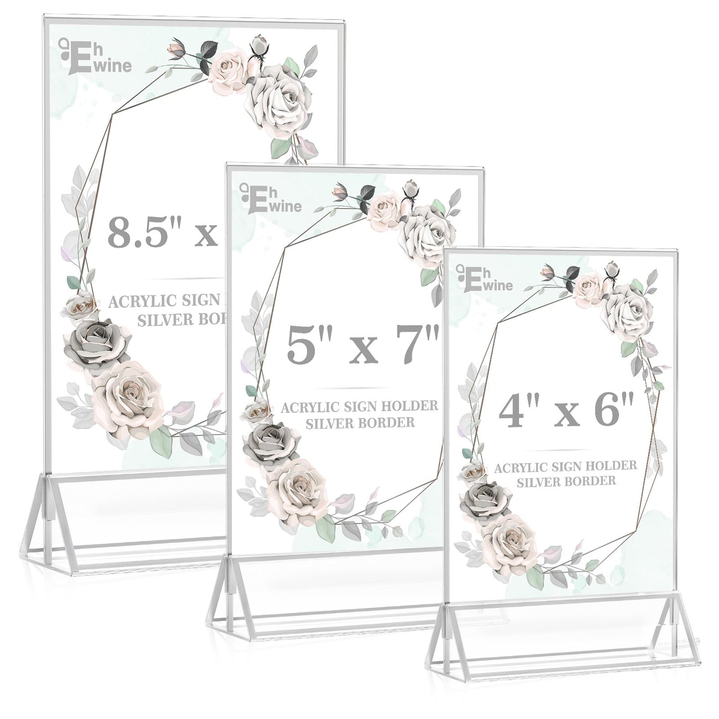 EHWINE 12 Pack Acrylic Sign Holder 5 x 7, Double Sided Silver Picture Frame Stand up Table Top Sign Holders, Clear Display Stand Menu Flyer Holder for Wedding Party (Provide Non-slip Mats)