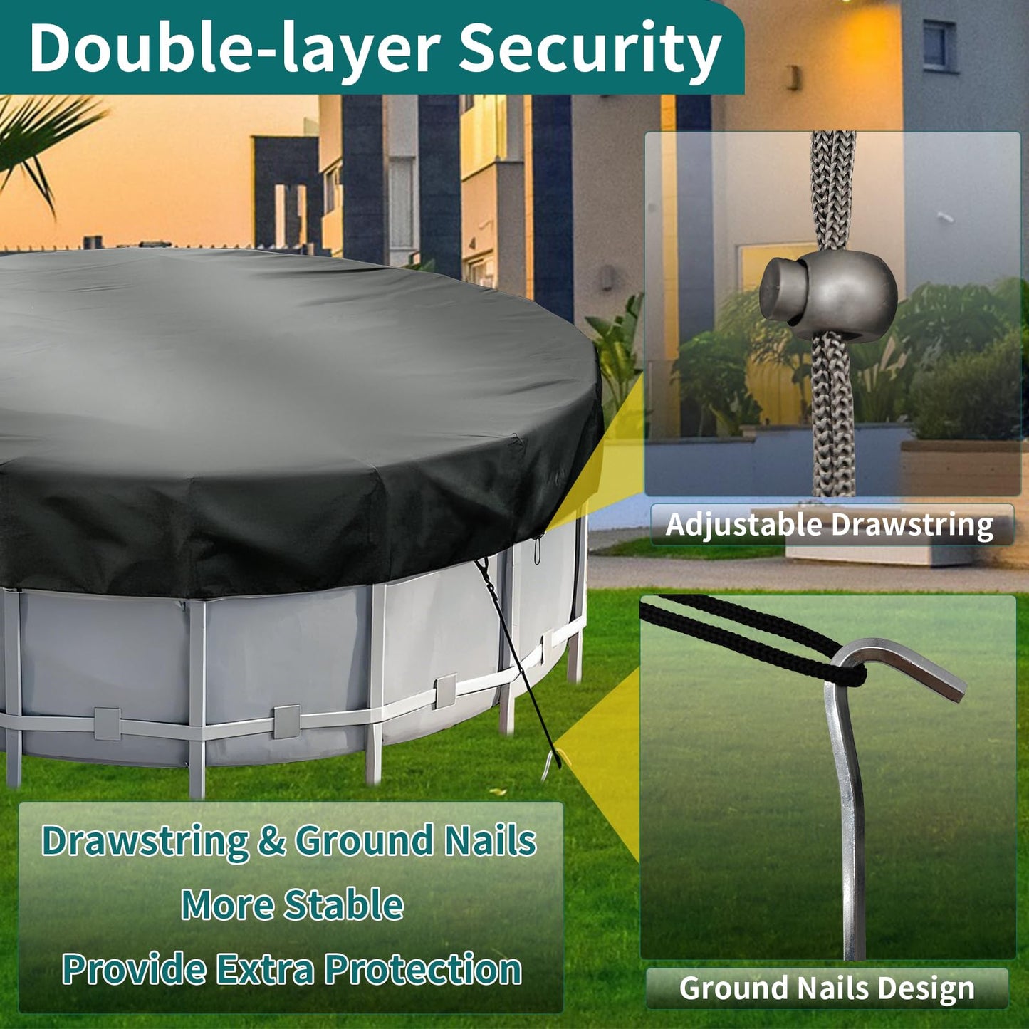 12FT Round Swimming Pool Cover, Heavy Duty 420D Oxford Fabric Garden Swimming Pool Dust Cover with Drawstring, Waterproof Round Pool Cover with Windproof Ropes and Ground Stakes