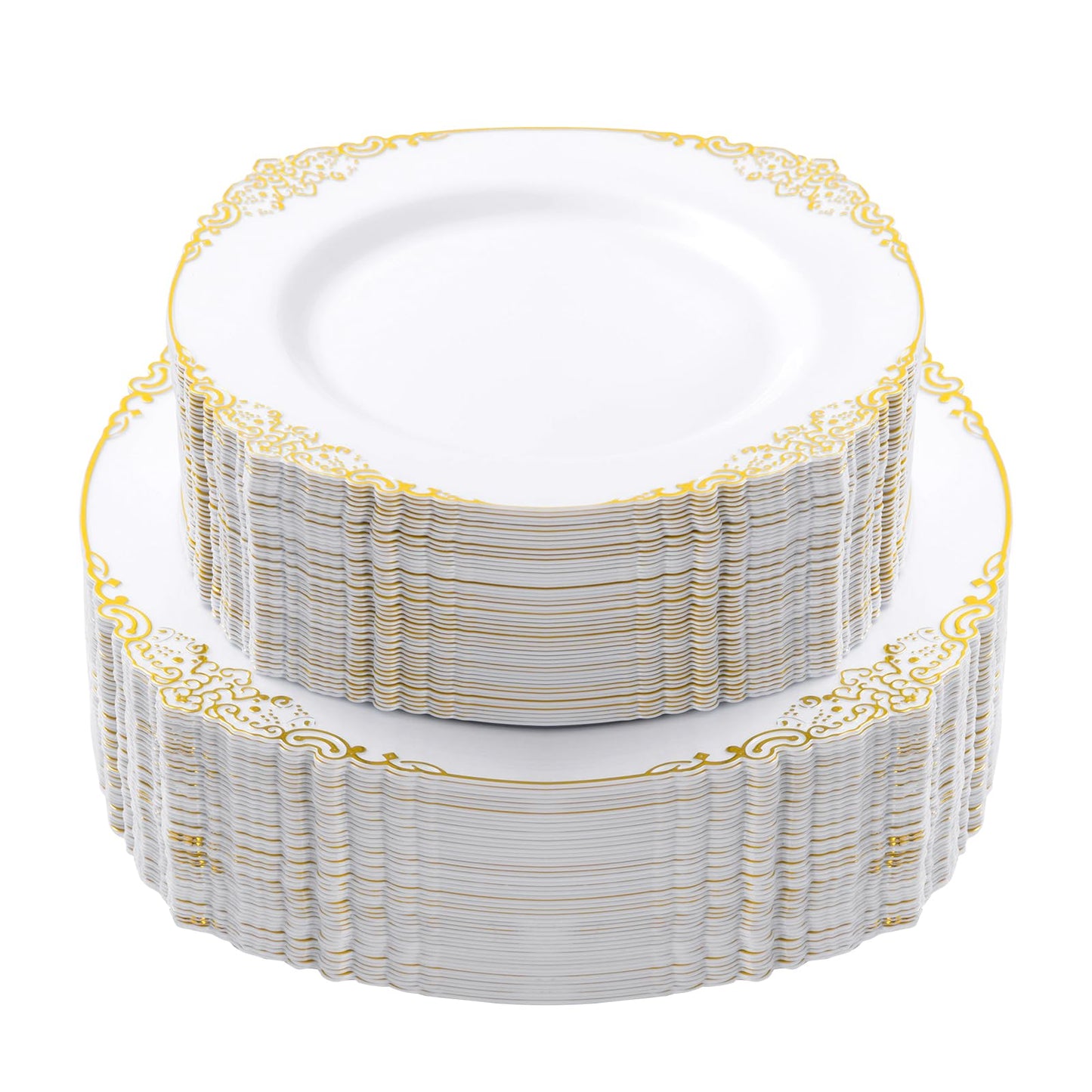 Goodluck 100 PCS White and Gold Plastic Plates for 50 Guests, Gold Disposable Plates Include 50 PCS Dinner Plates, 50 PCS Dessert Plates for Party, Wedding and Graduation
