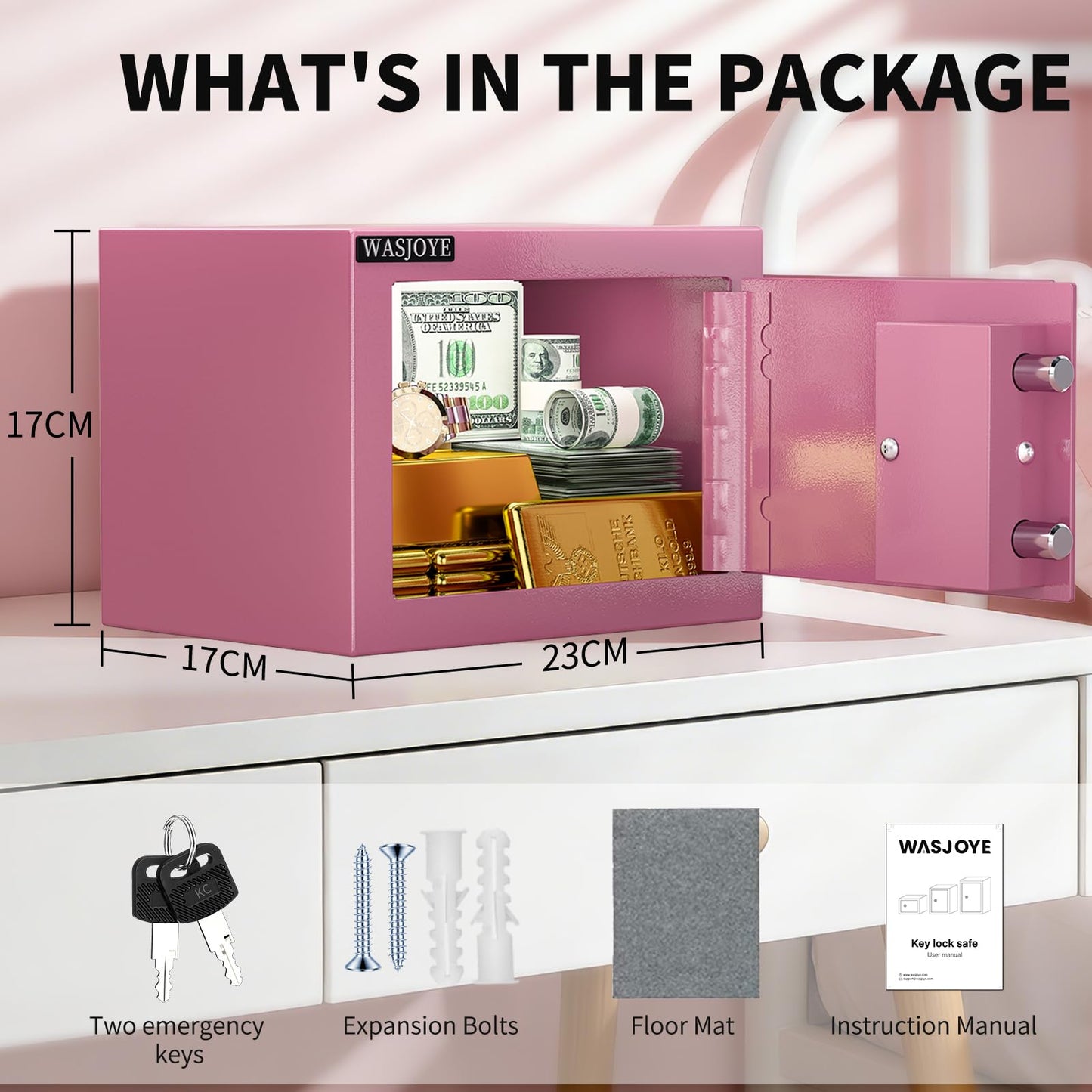 WASJOYE Home Cabinet Safe Box, Key Lock Coffre Fort High Security Safety Box, Safes for Home Office Hotel, Cabinet Safe Box for Money Cash Jewelry Medicine Passport (0.5 Cu Ft, Pink)