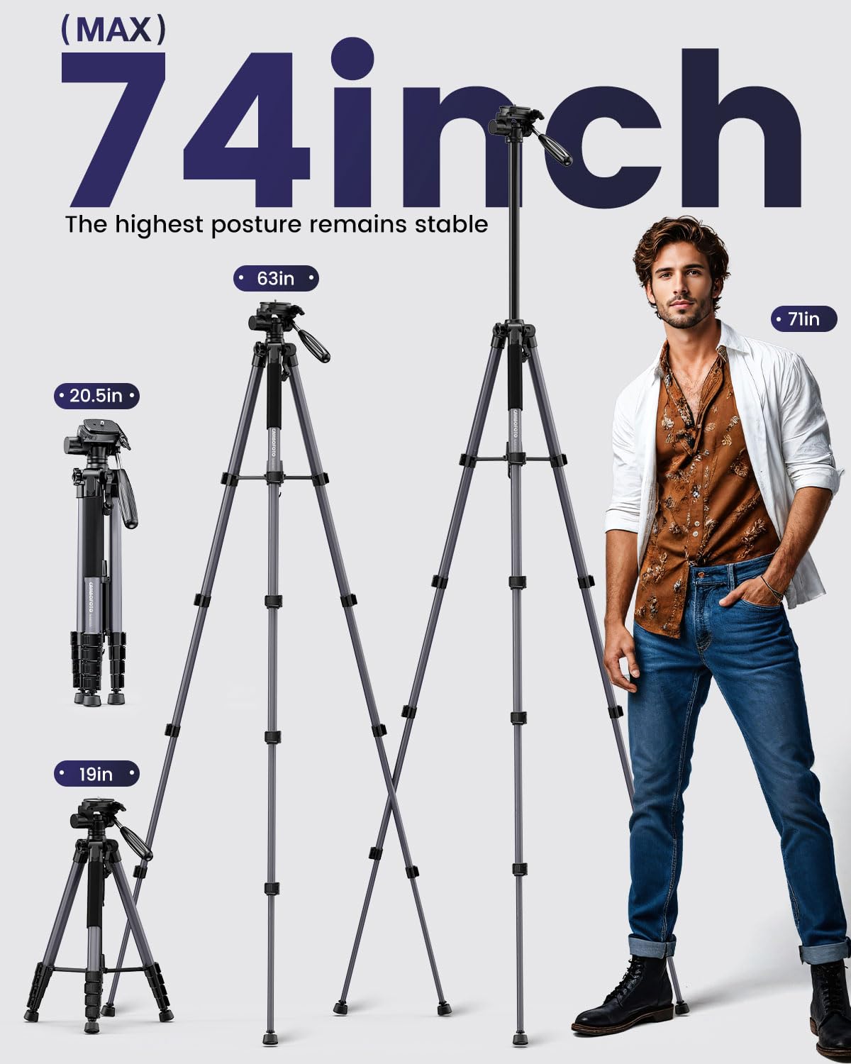 CAMBOFOTO 74"-Camera-Tripod, Gray Porfessional Aluminum Heavy Duty Tripod Stand for Mirrorless Camera/DSLR/Cell Phone/Camcorder, with Holder and Travel Bag (Gunmetal Gray)