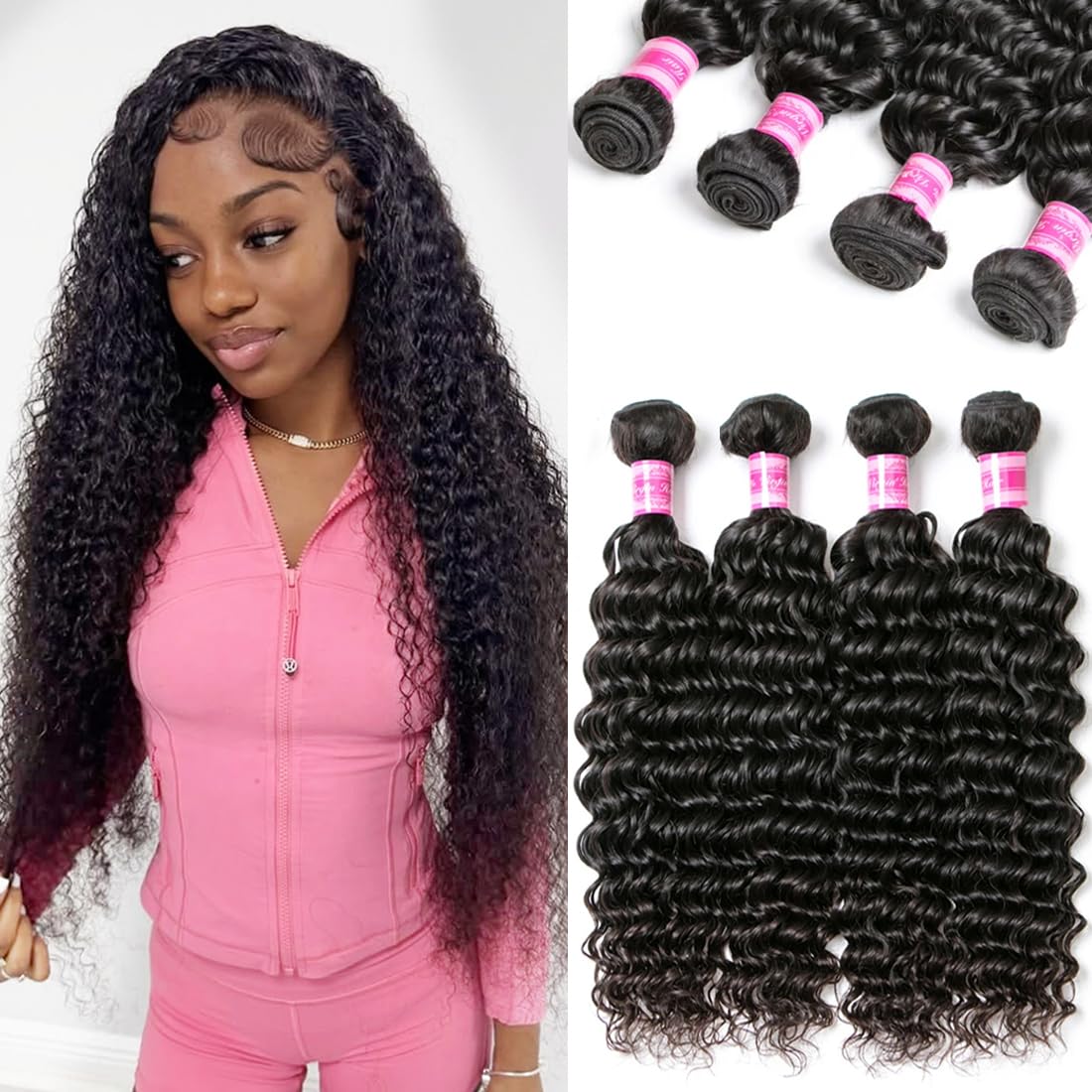 12A Human Hair Deep Wave Bundles(16 18 20 22 Inch)100% Unprocessed Brazilian Deep Wave Human Hair Bundles Wet and Wavy Bundles Hair Extension Sew In for Black Women Natural Color