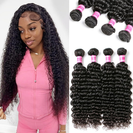 12A Human Hair Deep Wave Bundles(16 18 20 22 Inch)100% Unprocessed Brazilian Deep Wave Human Hair Bundles Wet and Wavy Bundles Hair Extension Sew In for Black Women Natural Color