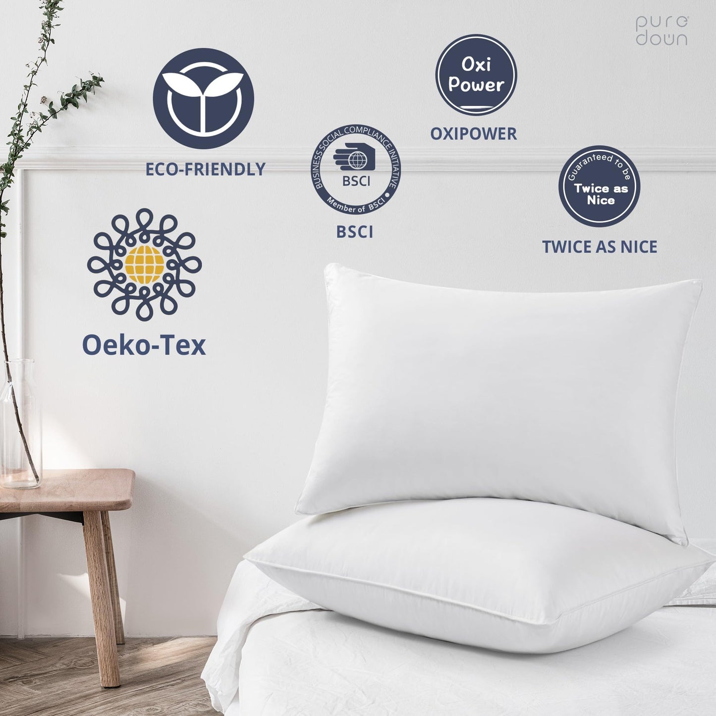 Puredown® Goose Feather Down Pillows, Bed Pillows for Sleeping, Hotel Pillows Standard Size Set of 2 for Side Back and Stomach Sleeper with 100% Cotton Fabric