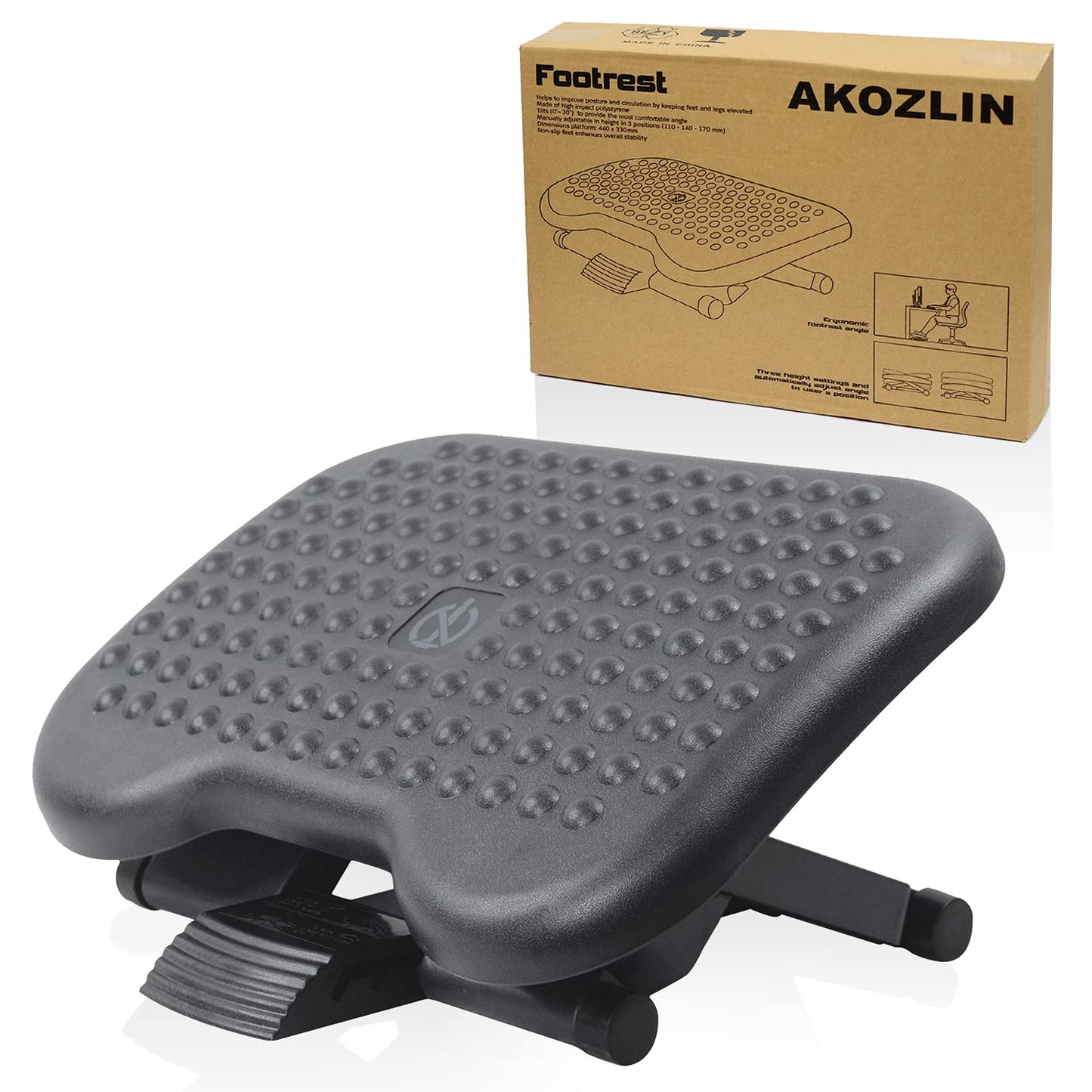 AKOZLIN Footrest Under Desk 3 Height Adjustable 30 Degree Tilt Angle Adjustment repose pied bureau Ergonomic Foot rest Non-skid Massage Surface Texture Improves Comfort for Home Office