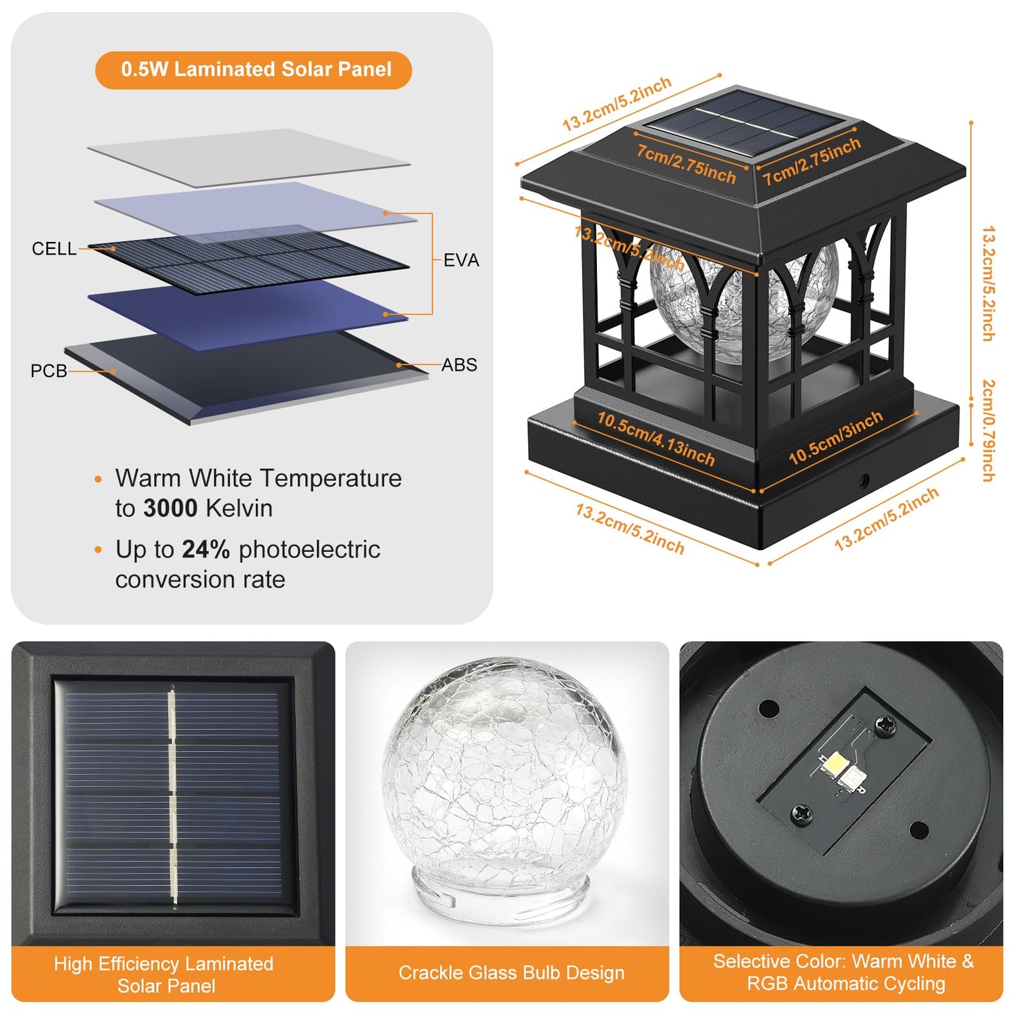 AEYANZZ Fence Post Solar Lights, Crackle Glass Solar Post Cap Lights, 20 Lumens, Warm White & RGB Automatic Cycling 2 Modes for 3.6x3.6 4x4 4.5x4.5 5x5 Vinyl Wooden Posts Decoration, Black (2 Pack)