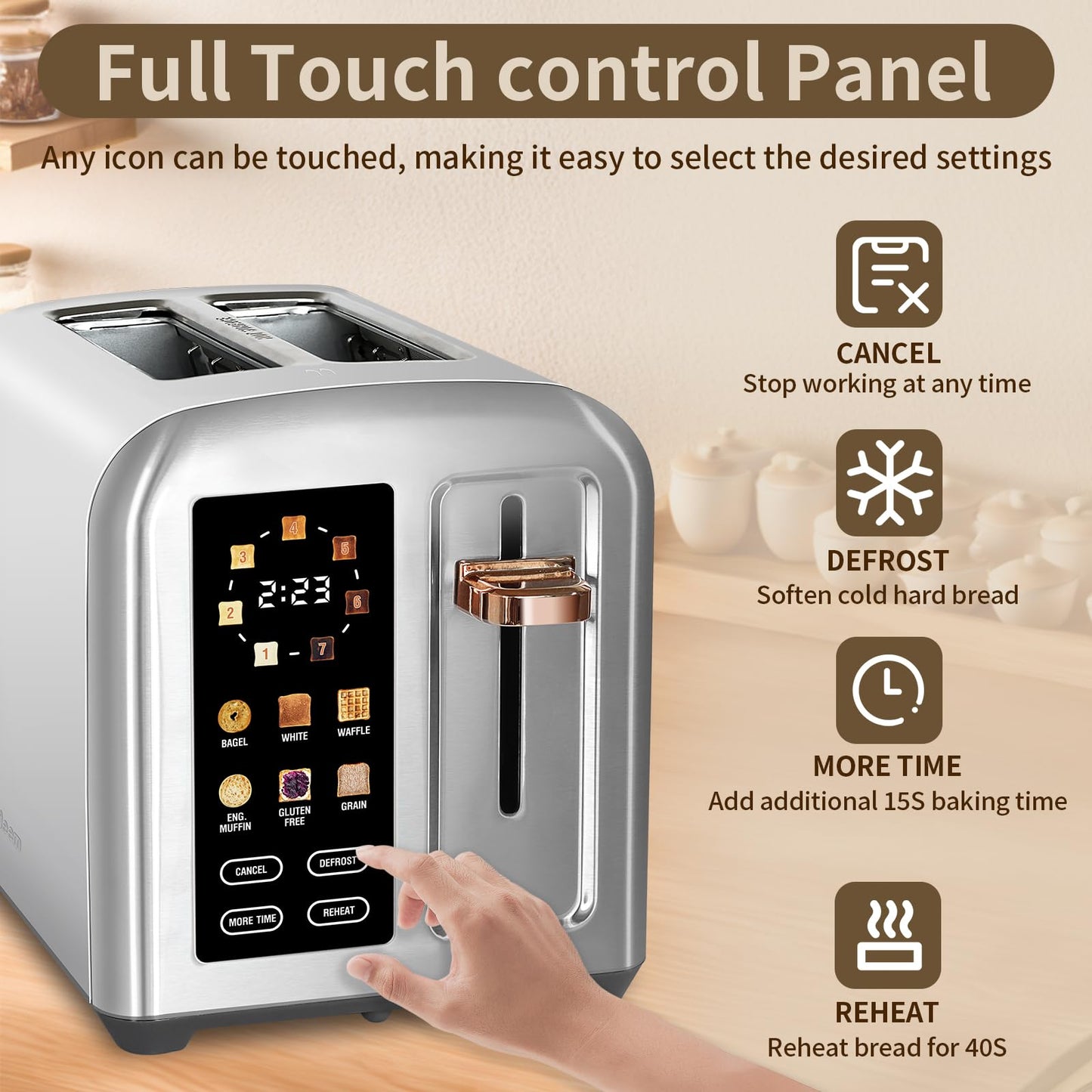 SEEDEEM Toaster 2 Slice, Stainless Steel Bread Toaster with LCD Display and Touch Buttons, 50% Faster Heating Speed, 6 Bread Selection, 7 Shade Settings, 1.5''Wide Slots Toaster with Cancel/Defrost/Reheat Functions, Removable Crumb Tray, 1350W, Silver Met