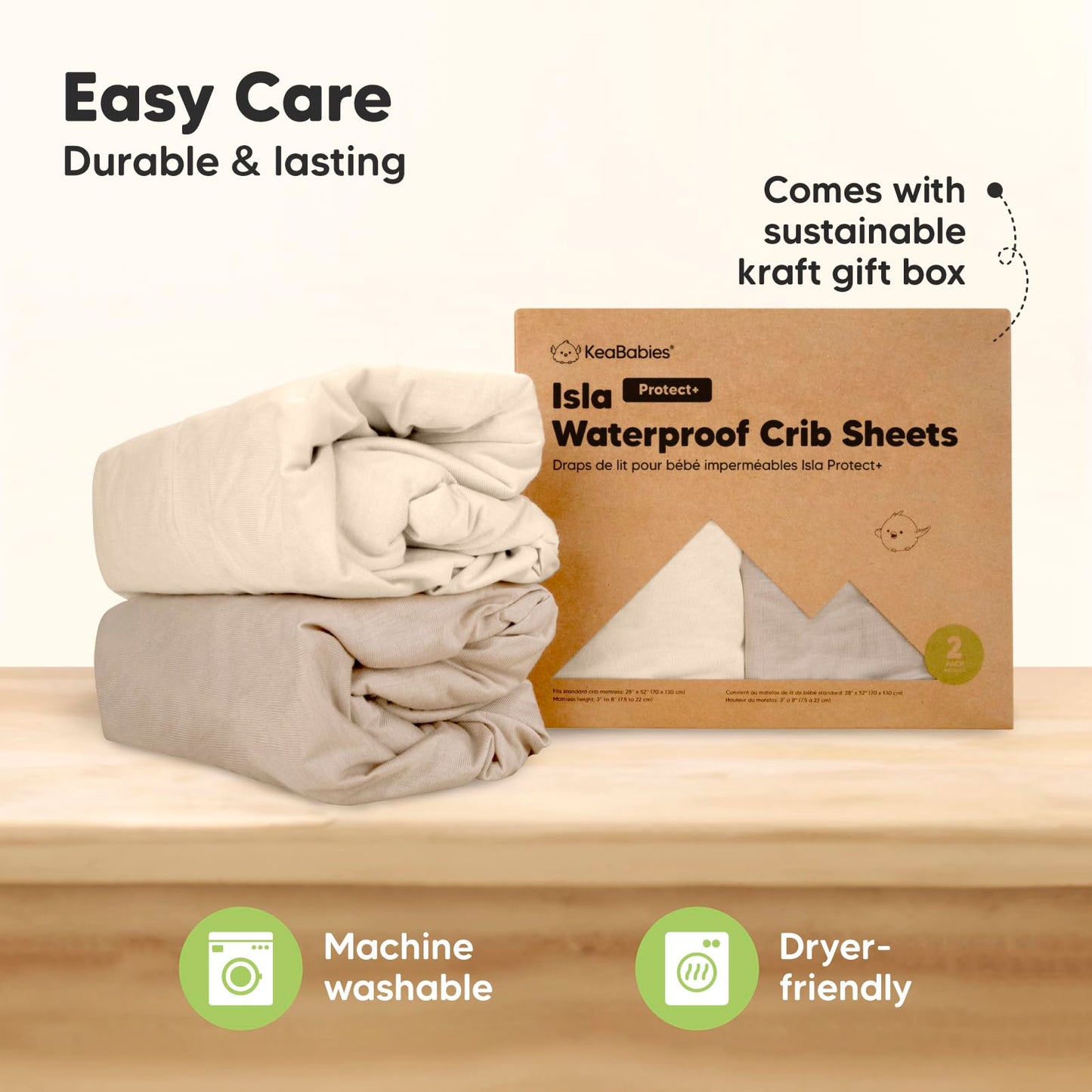 2-Pack Waterproof Baby Crib Sheets for Boys, Girls - Viscose Derived from Bamboo Toddler Bed Sheet Neutral, Fitted Crib Mattress Protector Cover for Baby Bedding, Soft & Gentle (Ecru)