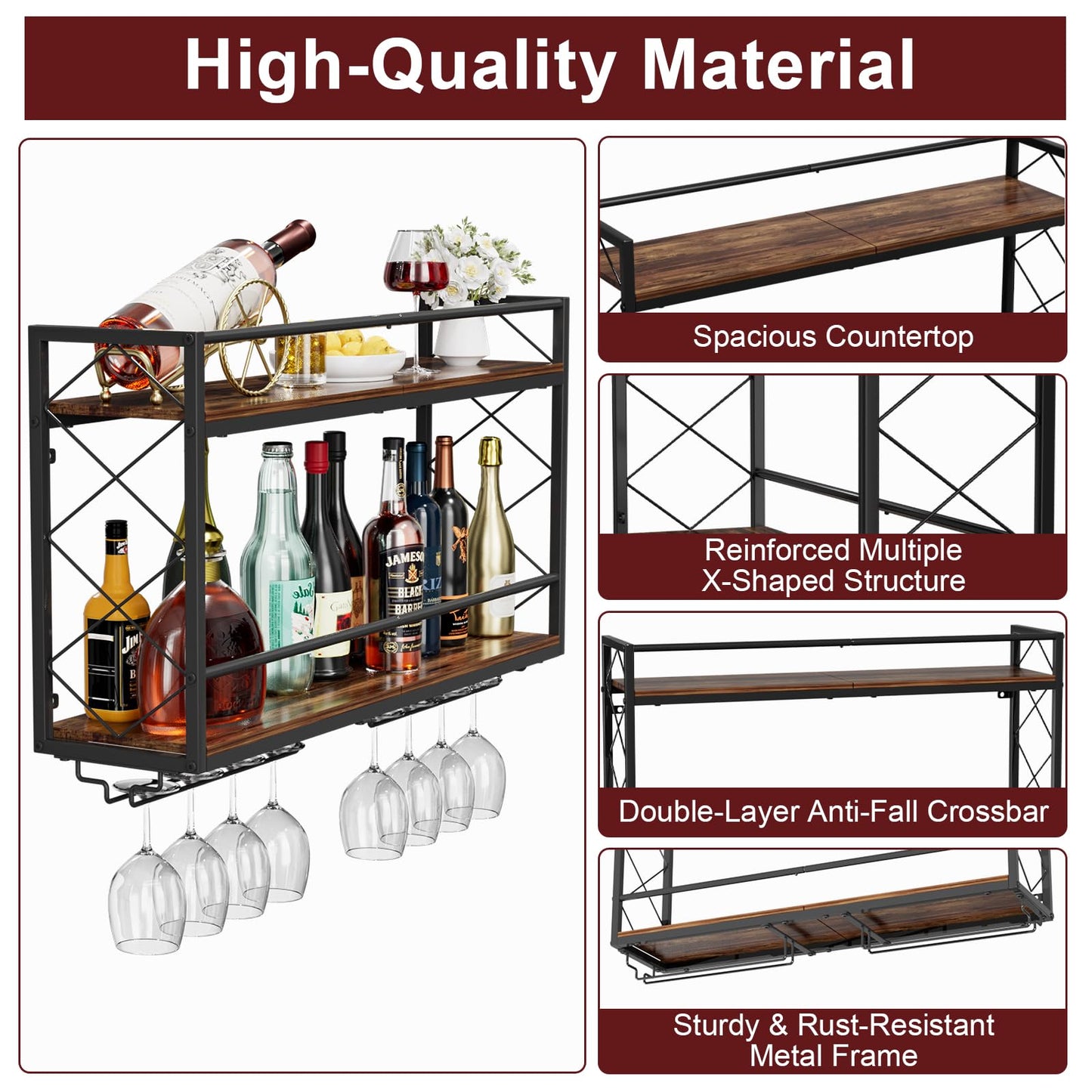NEYCIL Wine Rack Wall Mount 2 Tier Wall Wine Rack with Glass Holder, Anti-Drop Crossbar, 31.5 Inch Metal Wine Rack for Home Kitchen Dining Room Bar, Black