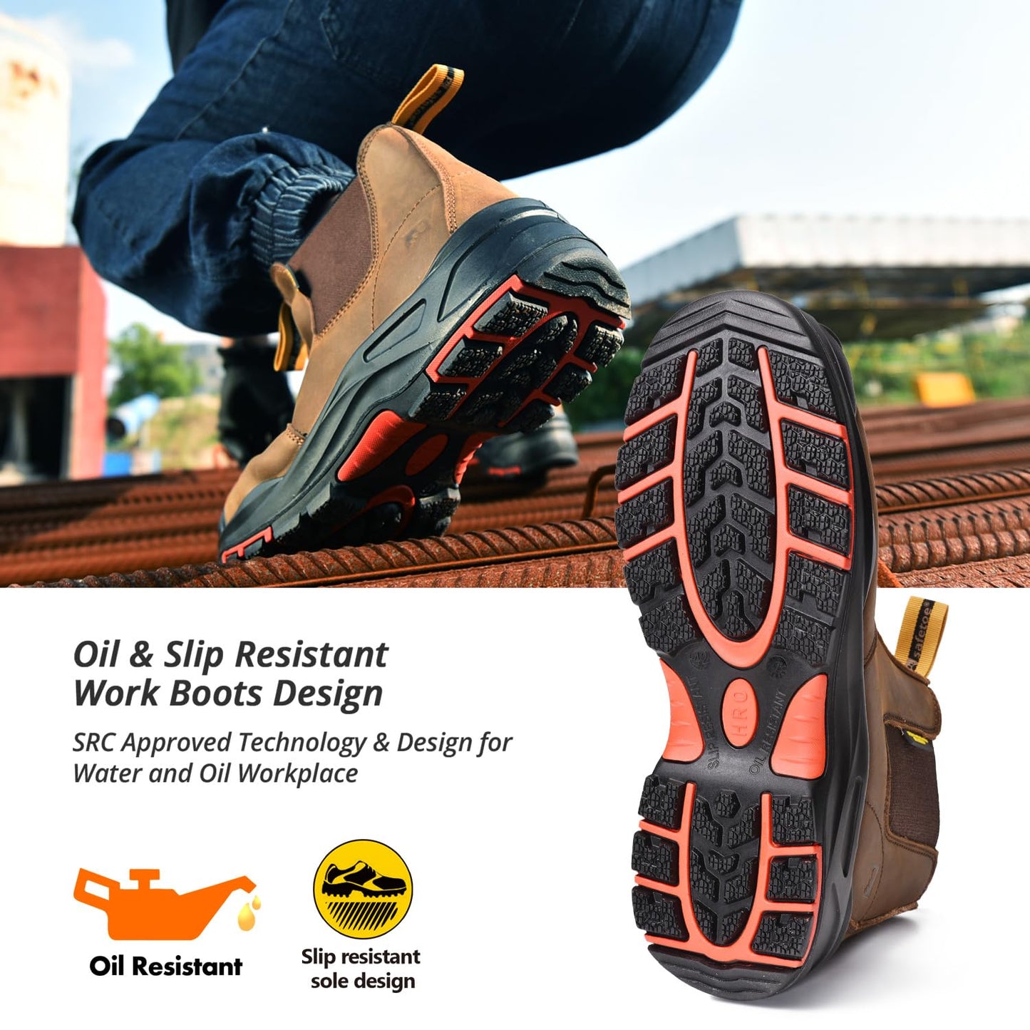 Mens Work Boots Composite Toe Chelsea Safety Boots Slip On Cow Leather Waterproof Lightweight Working Boots