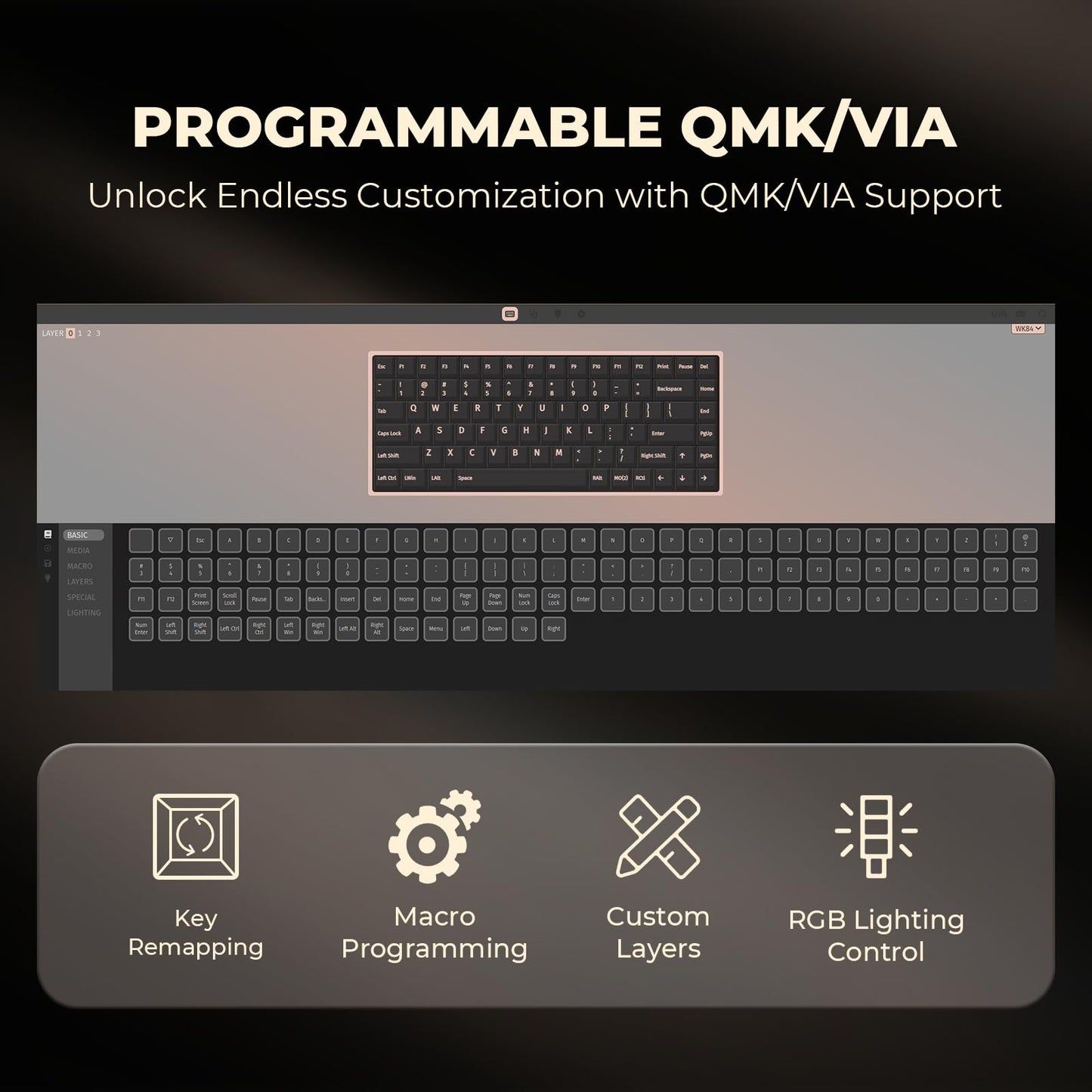 GLENCREAG WK84 USB-C Wired Wooden Mechanical Keyboard, 75% Layout 84 Keys, Gasket Mount, RGB Backlit, Hot-Swappable Green Switches, QMK/VIA Programmable, for Gaming & Typing