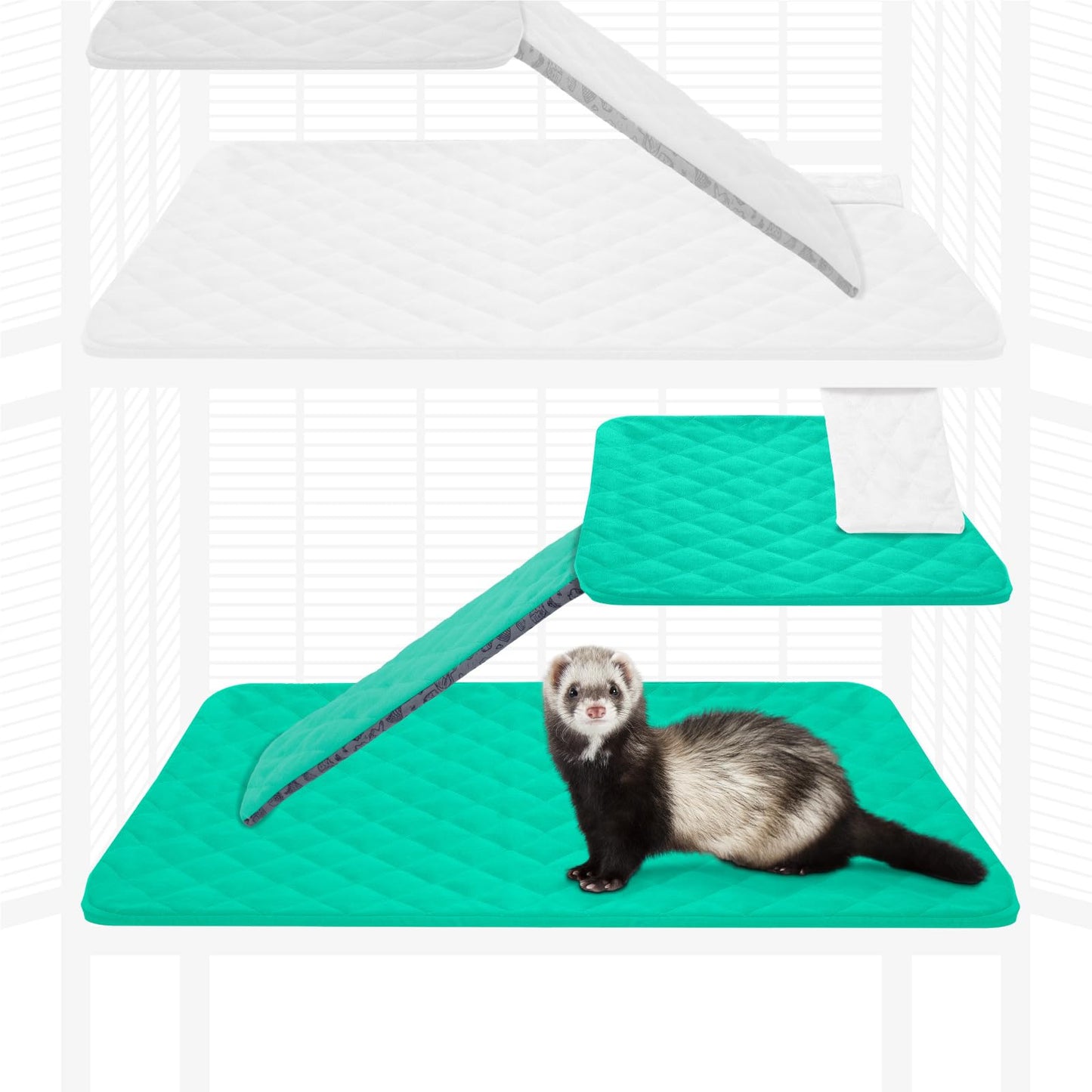 Paw Inspired® Fitted Fleece Cage Liners for Ferret Nation/Critter Nation Single Unit (Bottom Pan Liner, Ramp Cover, Shelf Liner) for Ferrets, Rats, Chinchillas, Hedgehogs, Other Small Animals (Green)