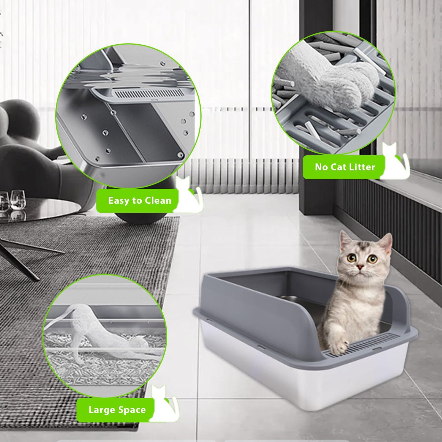 Gugxiom Stainless Steel Cat Litter Box, 60×40×20 cm Large Litter Box, Top Entry Design, with Scoop, Easy Cleaning