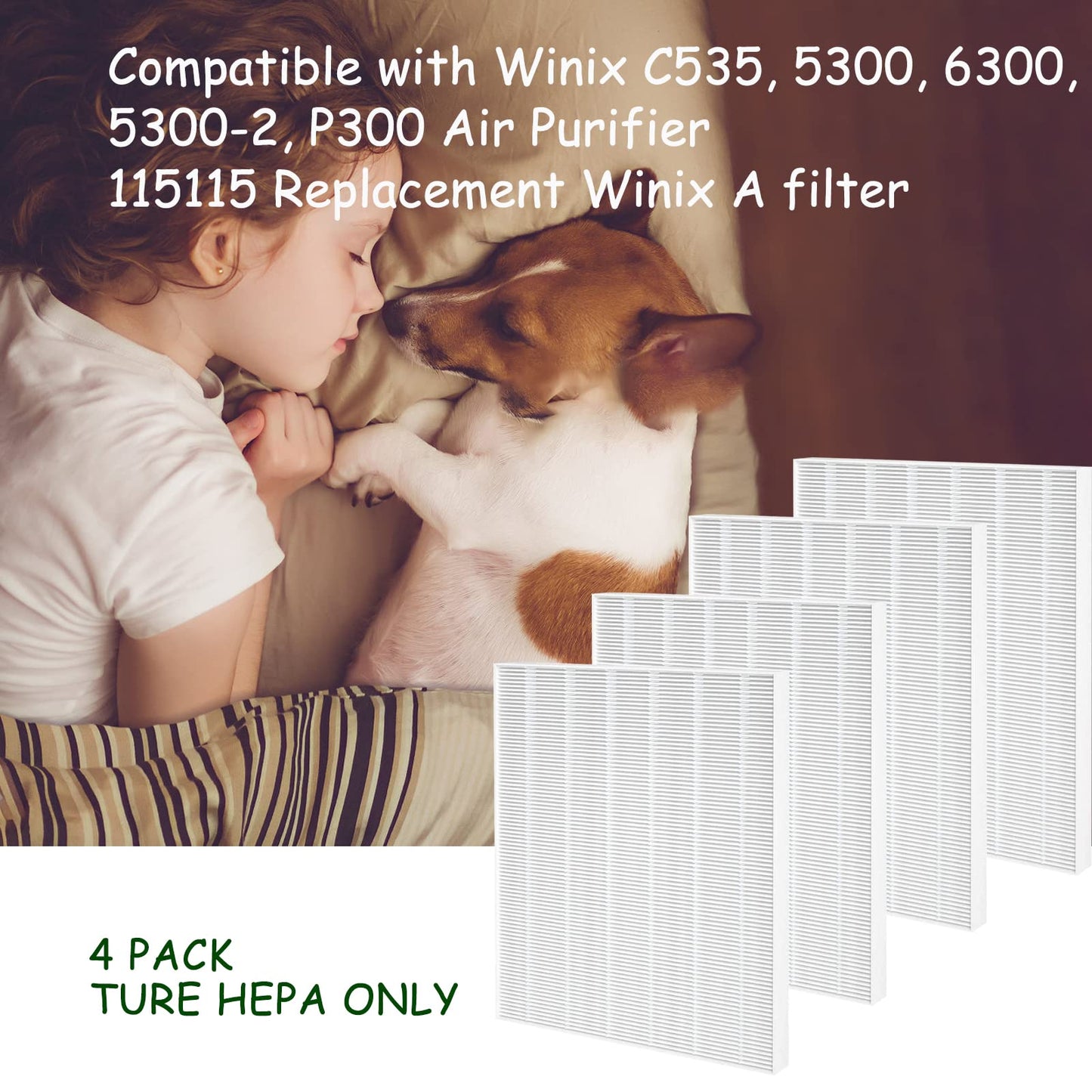 115115 Size 21 Replacement Filter A Compatible with Winix C535 C909, Winix PlasmaWave 5300, 6300, 5300-2, 6300-2, P300 Plasma wave Air Purifier, True HEPA Filter Only 4 Pack