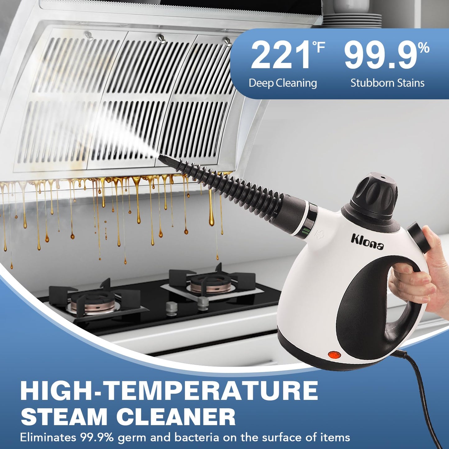 KLONA Handheld Steam Cleaner, Steam Cleaner for Home with 10 Accessory Kit, Multipurpose Portable Upholstery Steamer Cleaning with Safety Lock to Remove Grime, Grease.