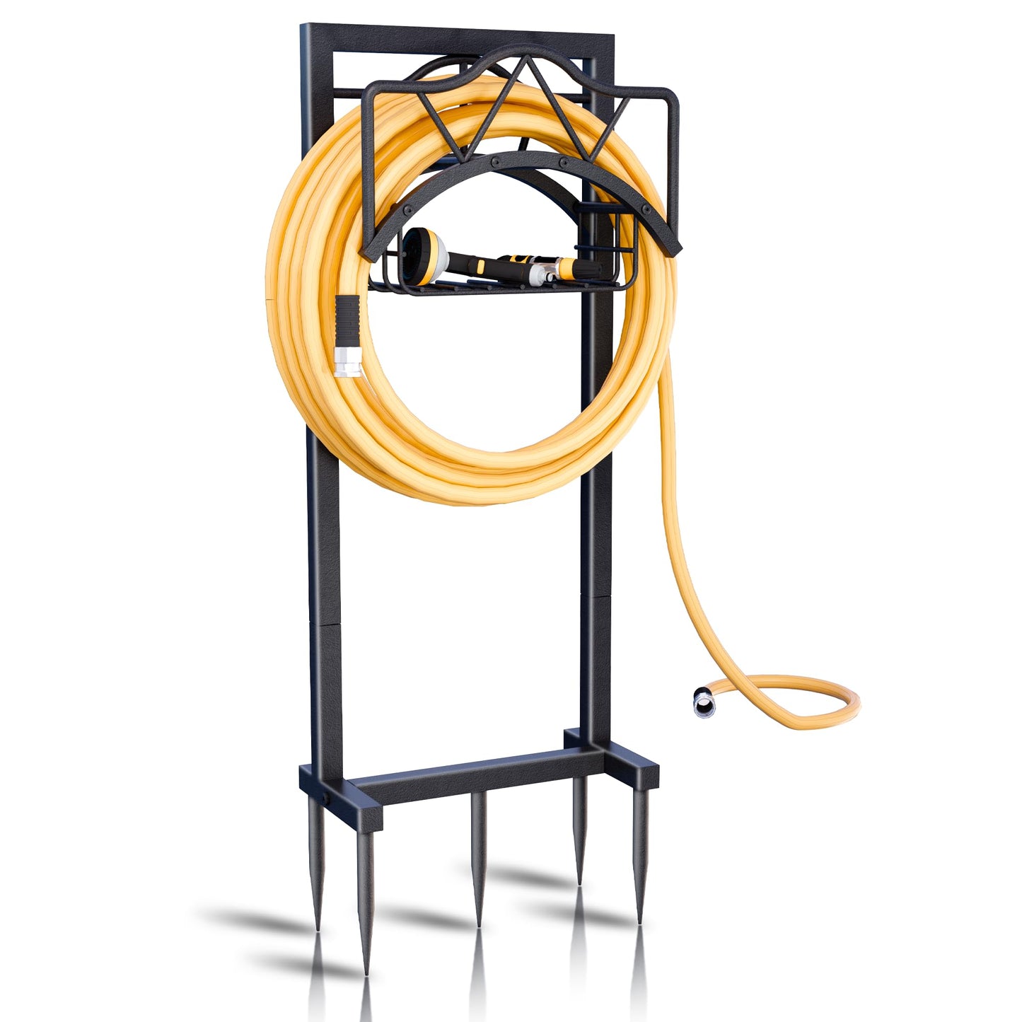 AMDERVEN Garden Hose Holder for Outside - Freestanding Metal Stand With 5 Spikers and Basket, Outdoor Heavy Duty Reel, Holds 150-feet, Black