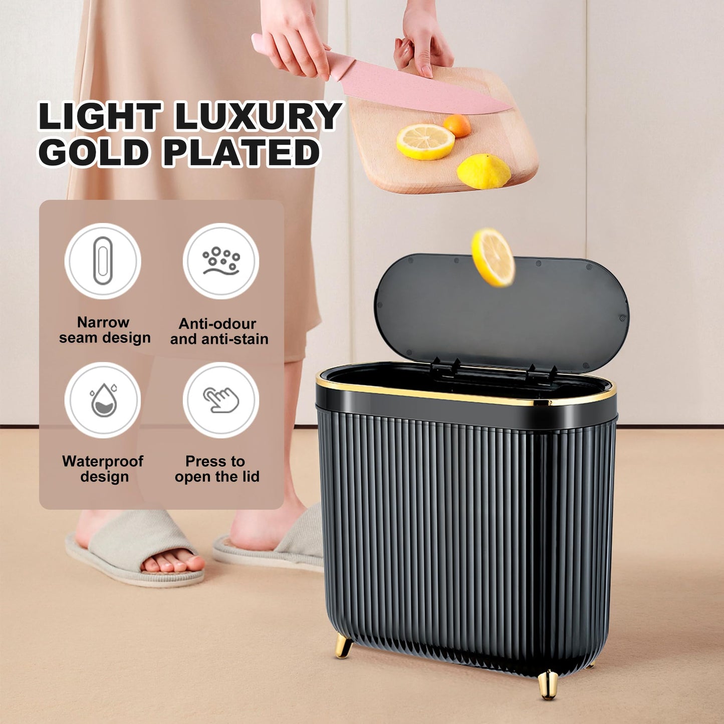 Supteron Bathroom Trash Can with Lid 3.2 Gallon Narrow Trash Can Small Plastic Trash Bin 12 Liter Rectangular Plastic Garbage Can with Press Type Lid for Bedroom Bathroom