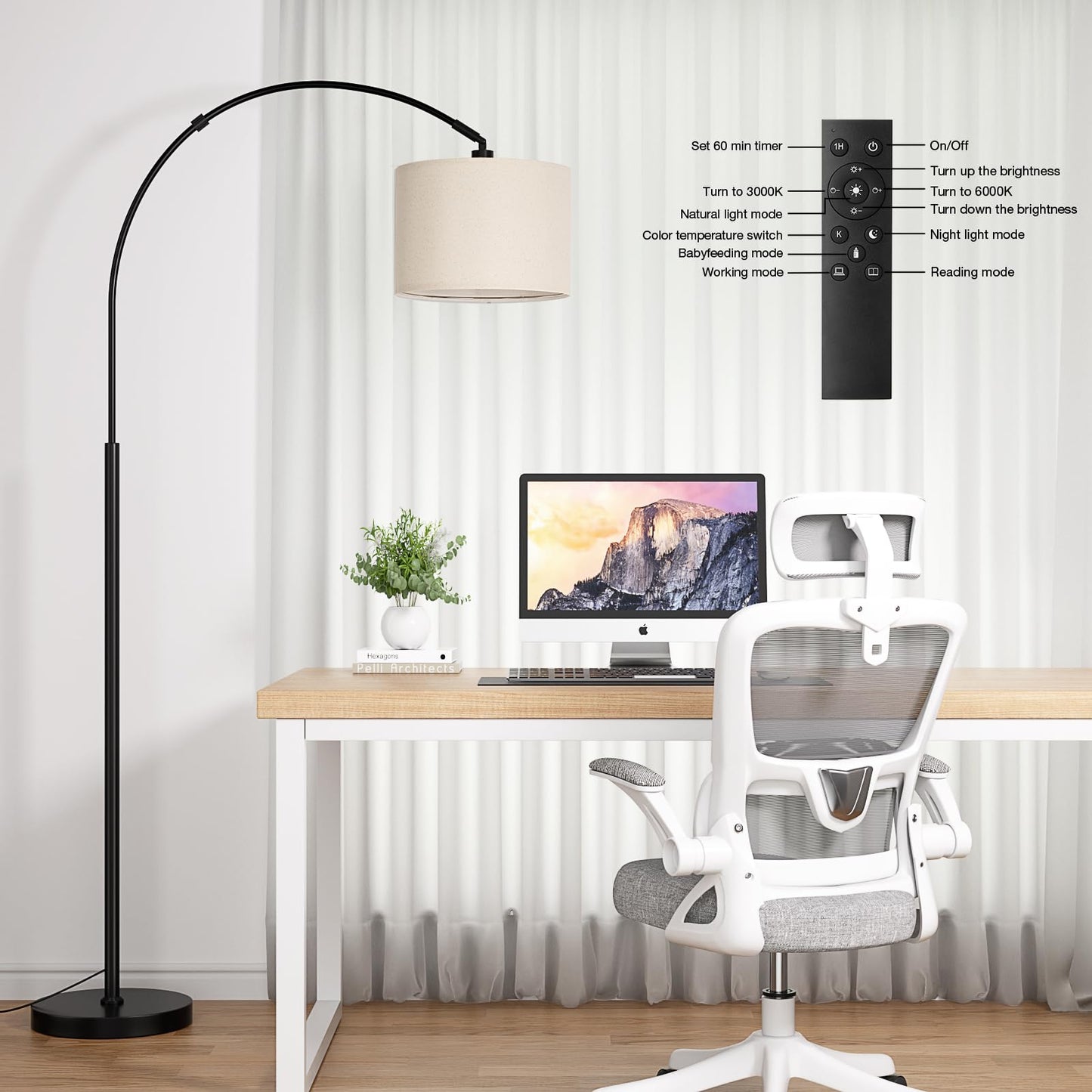 Ambimall 70" Dimmable Arc Floor Lamp with Remote, Color Temperature and Brightness Adjustable, Arched Floor Lamp with Rotating Head, Over Couch Arched Reading Light for Living Room (Beige and Black)
