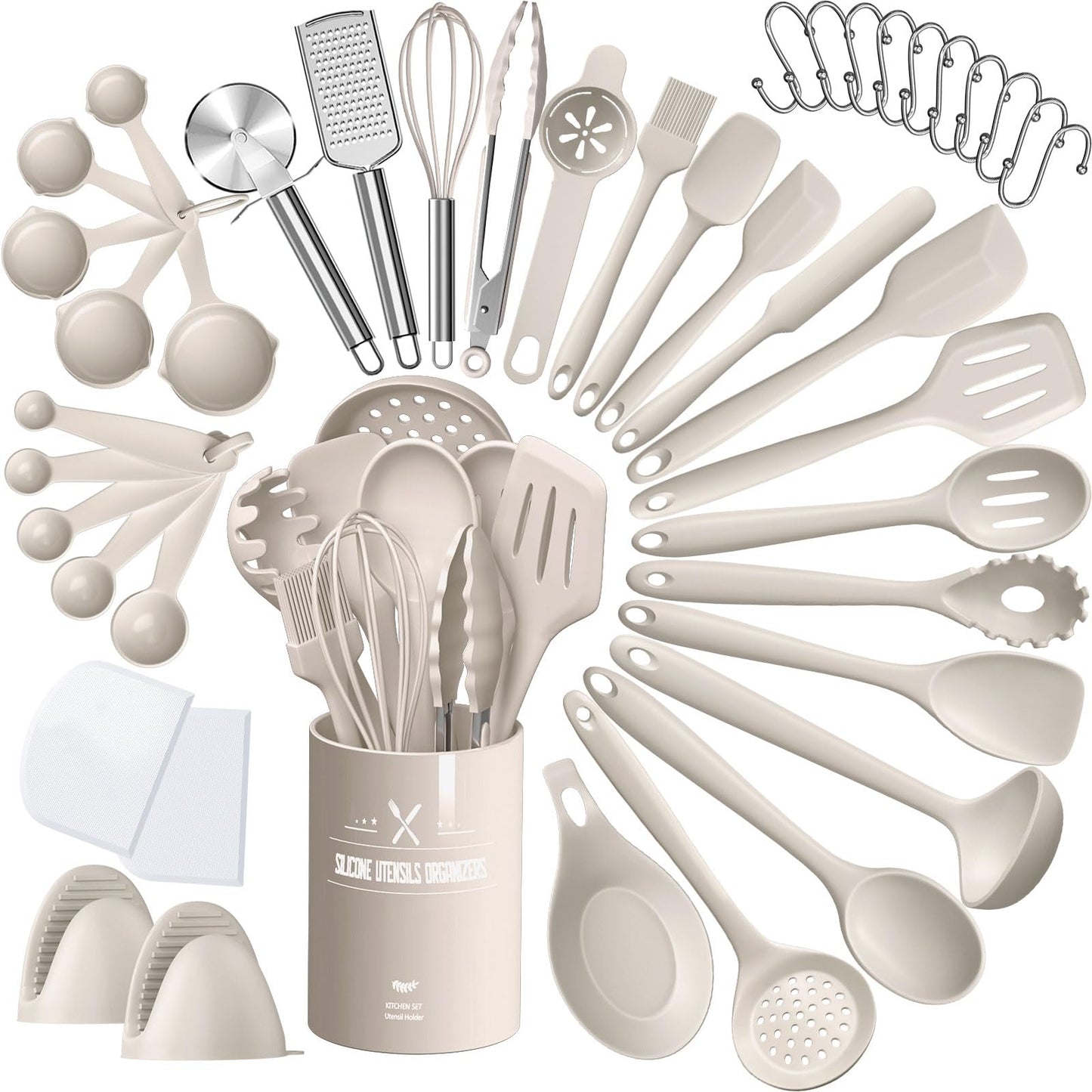 Silicone Kitchen Utensils Set, AIKKIL 43 Pcs Heat Resistant Cooking Utensils Set, Turner, Tongs, Spoon, Spatula, Kitchen Gadgets Tools Set for Nonstick Cookware, Khaki(Dishwasher, BPA Free)