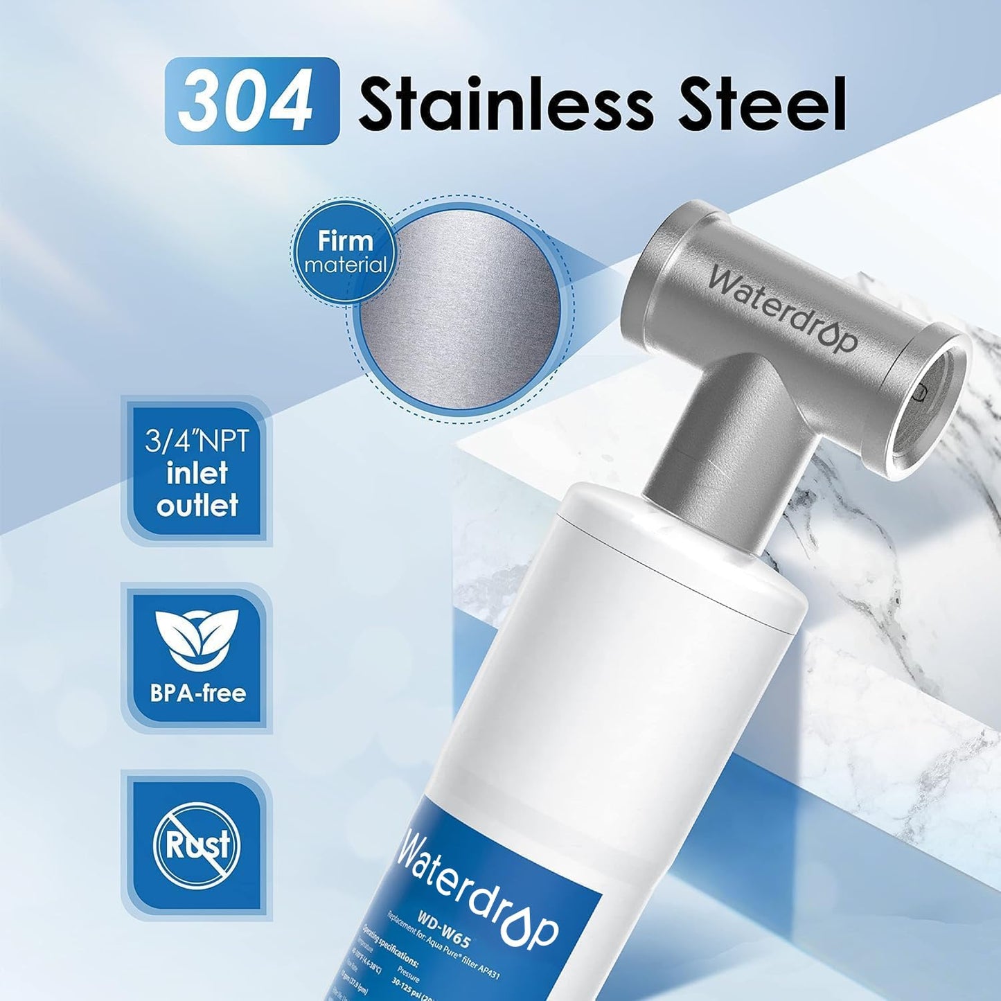 Waterdrop Whole House Scale Inhibitor Inline Water System, Replacement for Aqua-Pure AP430SS, Prevent Scale Build Up On Hot Water Heaters and Boilers, 304 Stainless Steel