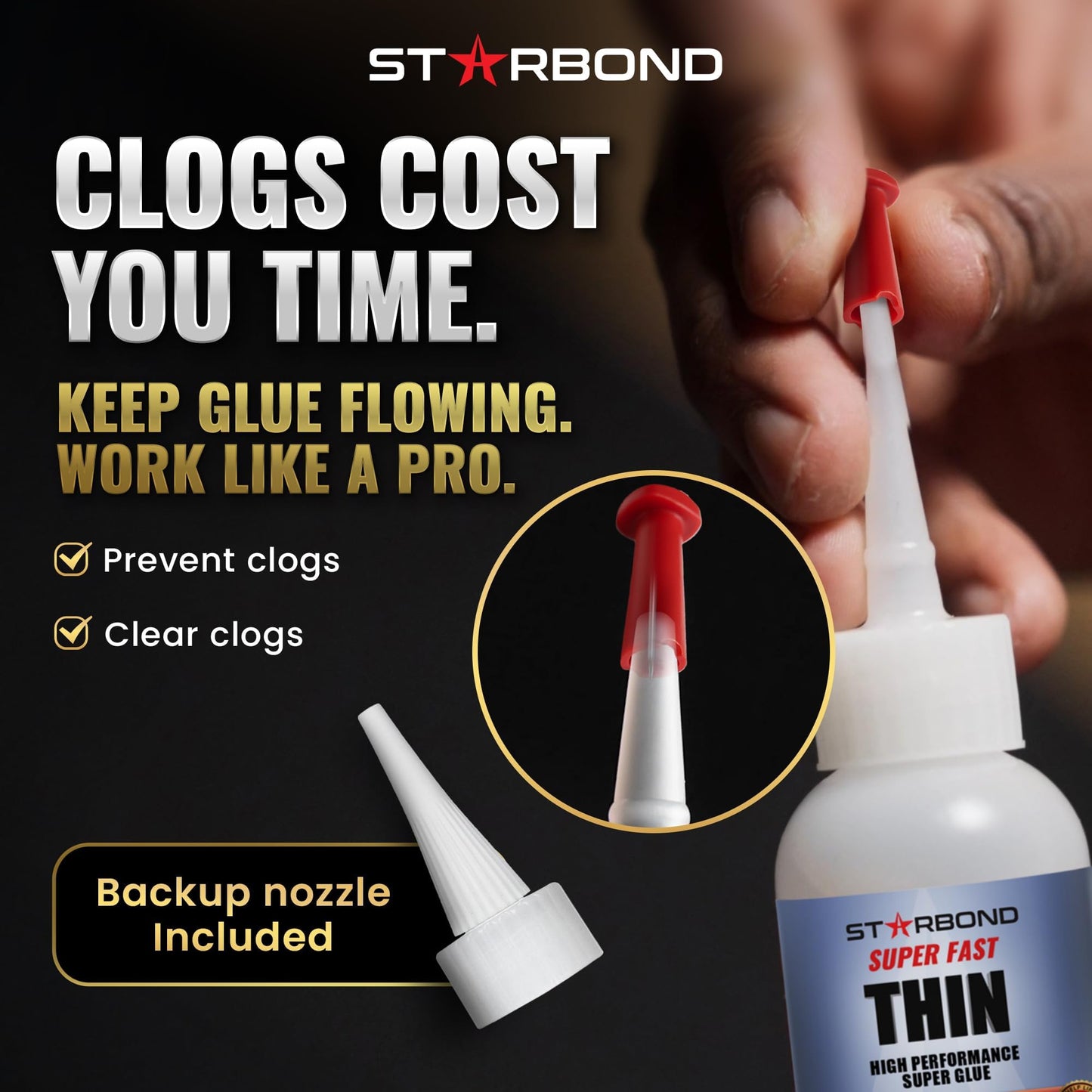 Starbond Super Fast Thin CA Glue – Super Glue Pro Kit with Precision Microtips Anti-Clog Cap & Extra Nozzles – Premium Cyanoacrylate Adhesive for Cracks, Joints, Woodturning, Hobby & Repairs, 2 oz