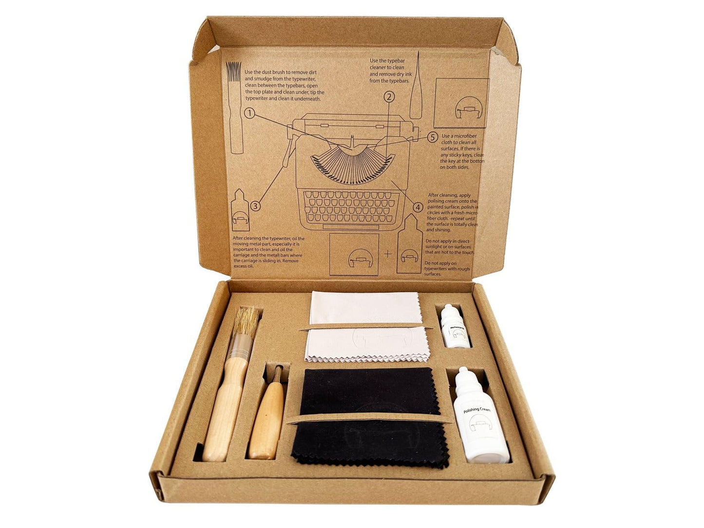 Typewriter Maintenance Kit from BSIE Typewriters - Dust Brush, Typewriter Oil, Polishing Cream, Typebar Cleaner, Fibre Clothes