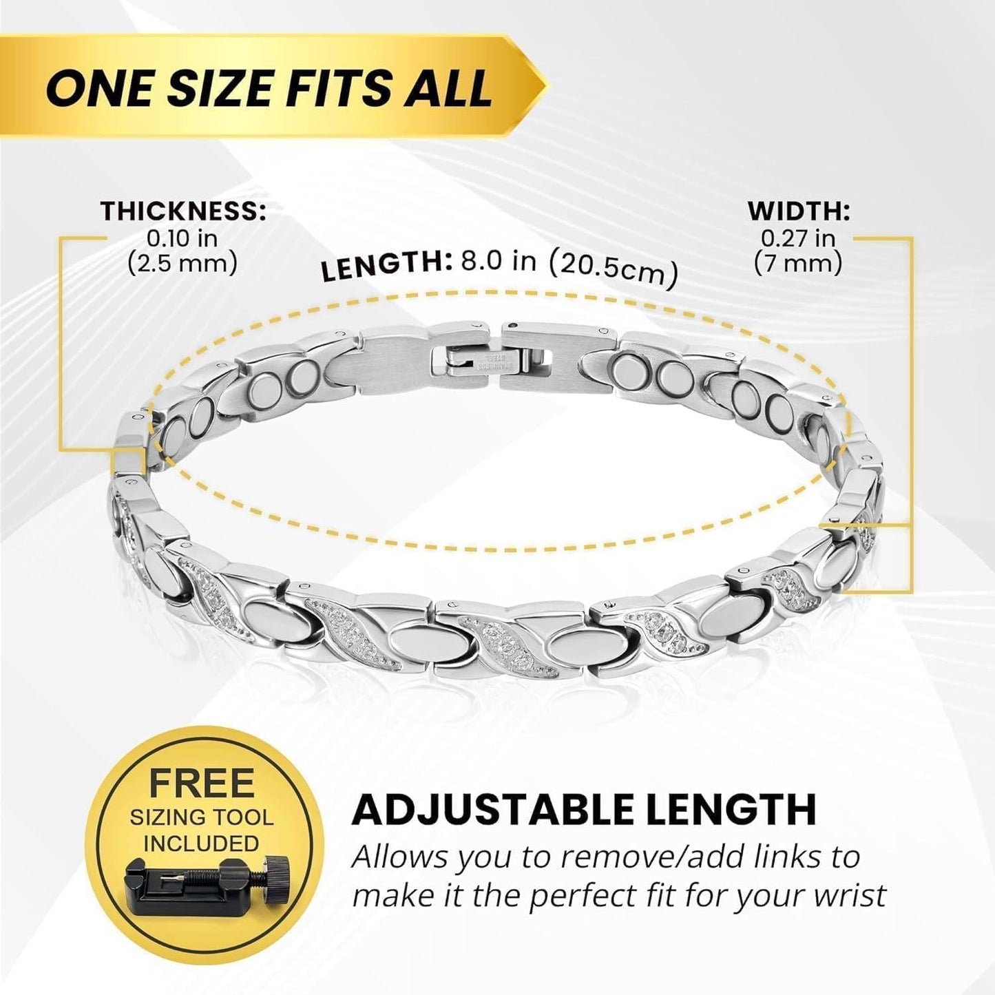 MagnetRX® Ultra Strength Magnetic Bracelets for Women – Double Magnet Stainless Steel Crystal Bracelet for Women – Adjustable Bracelet Length with Sizing Tool (Silver XO)
