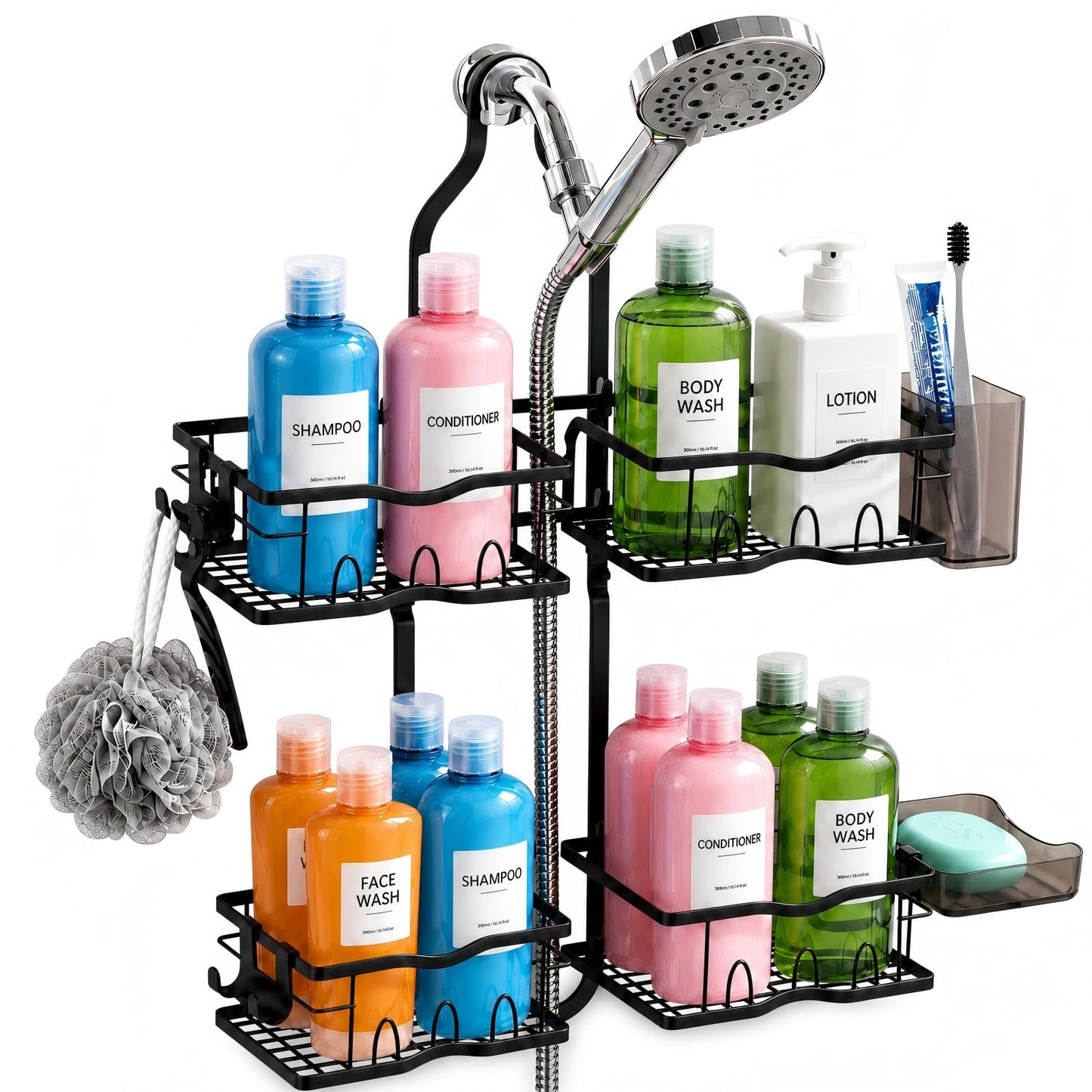 Budsun 2-Tier 15.35" Extra Wide Hanging Shower Caddy for Handheld Shower Head, Rust-Resistant No-Drill Organizer, Anti-Swing Rack, Soap Holder, 4 Adhesive Hooks, Black/Étagère de douche