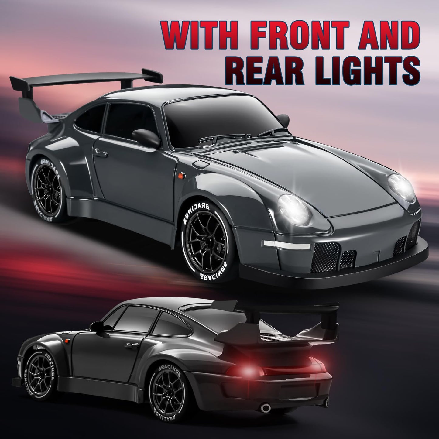 ACAMMZAR RC Drift Car with Gyro, 1:24 Full Proportional Remote Control Car, 25KM/H 4WD High Speed RC Cars with Lights, Extra Racing Tires, Vehicle for Adults Kids Boys Girls, Gray