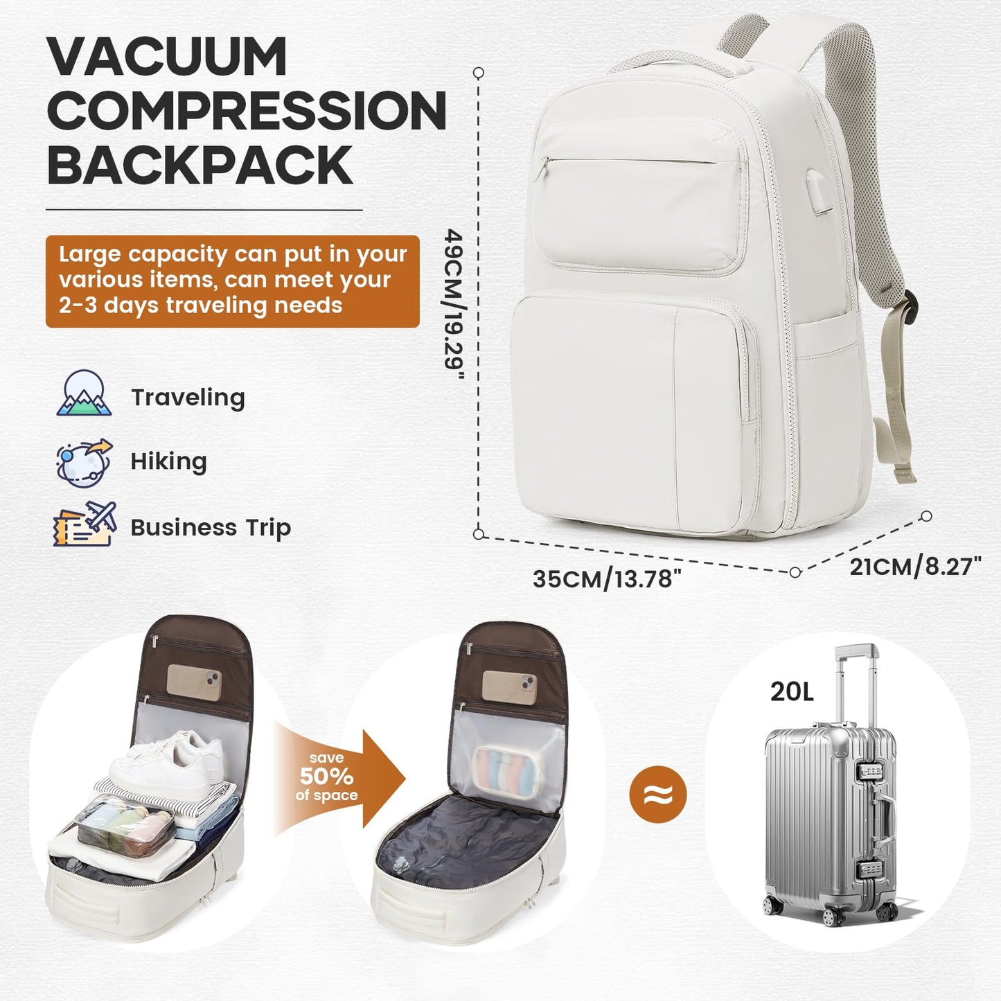UPPACK Vacuum Backpack Travel with Pump Carry on Backpack Flight Approved Personal Item Travel Bag Airplane Compression Backpack for Travel with Vacuum System Beige